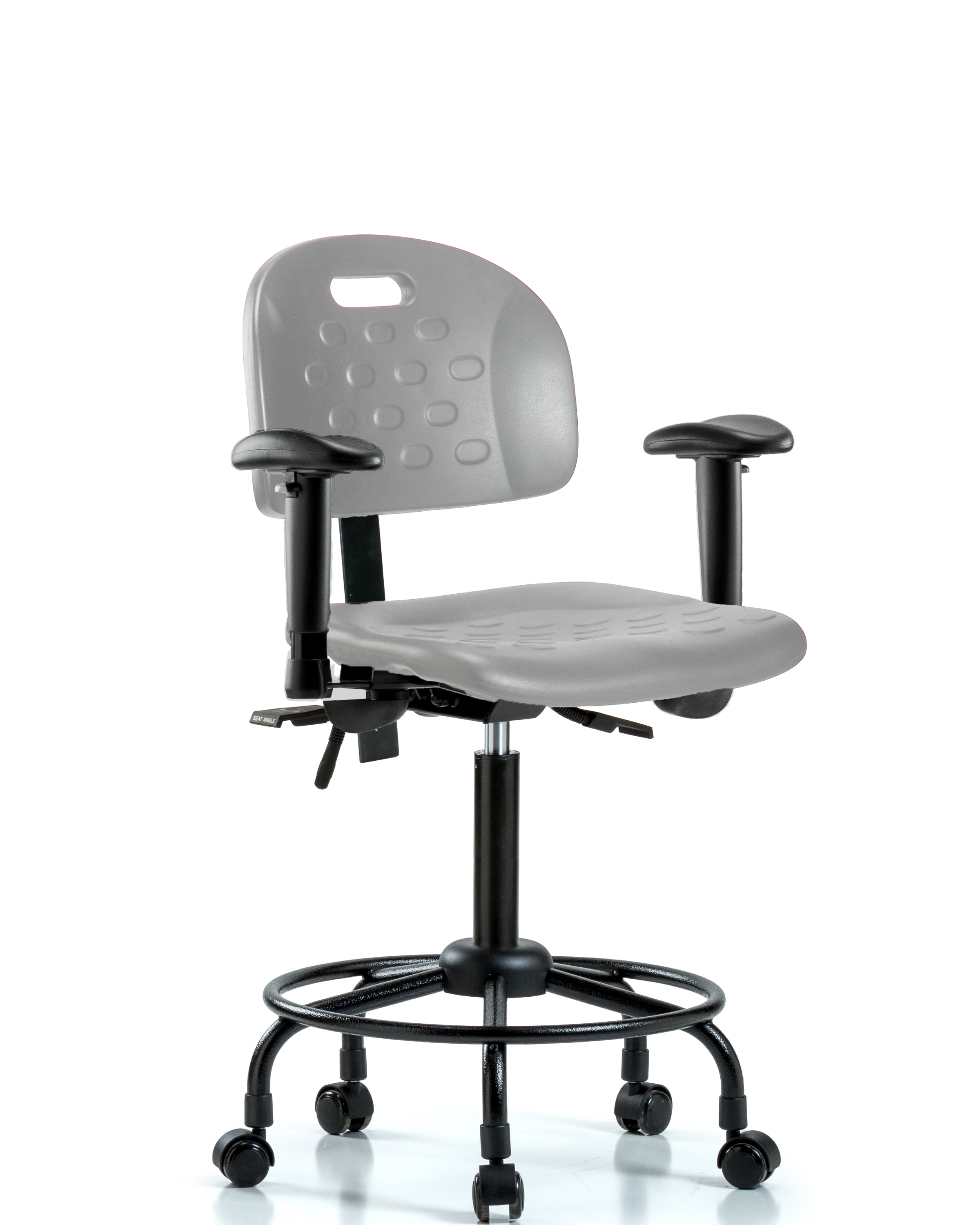 Newport Industrial Polyurethane Chair with Round Tube Base - Medium Bench Height with Adjustable Arms & Casters in Gray Polyurethane