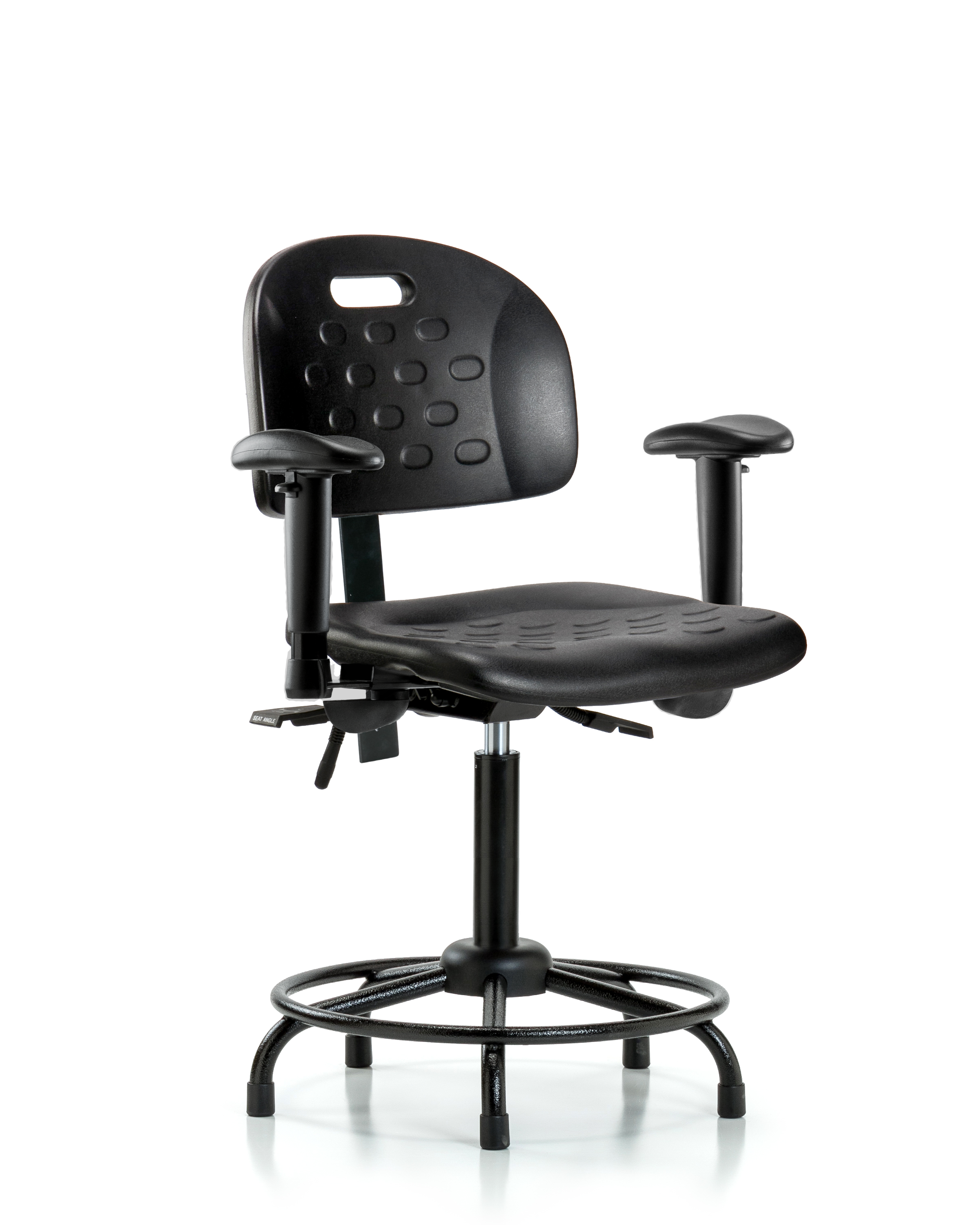 Newport Industrial Polyurethane Chair with Round Tube Base - Medium Bench Height with Adjustable Arms & Stationary Glides in Black Polyurethane