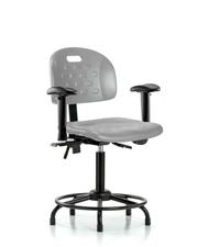Newport Industrial Polyurethane Chair with Round Tube Base - Medium Bench Height with Adjustable Arms & Stationary Glides in Gray Polyurethane