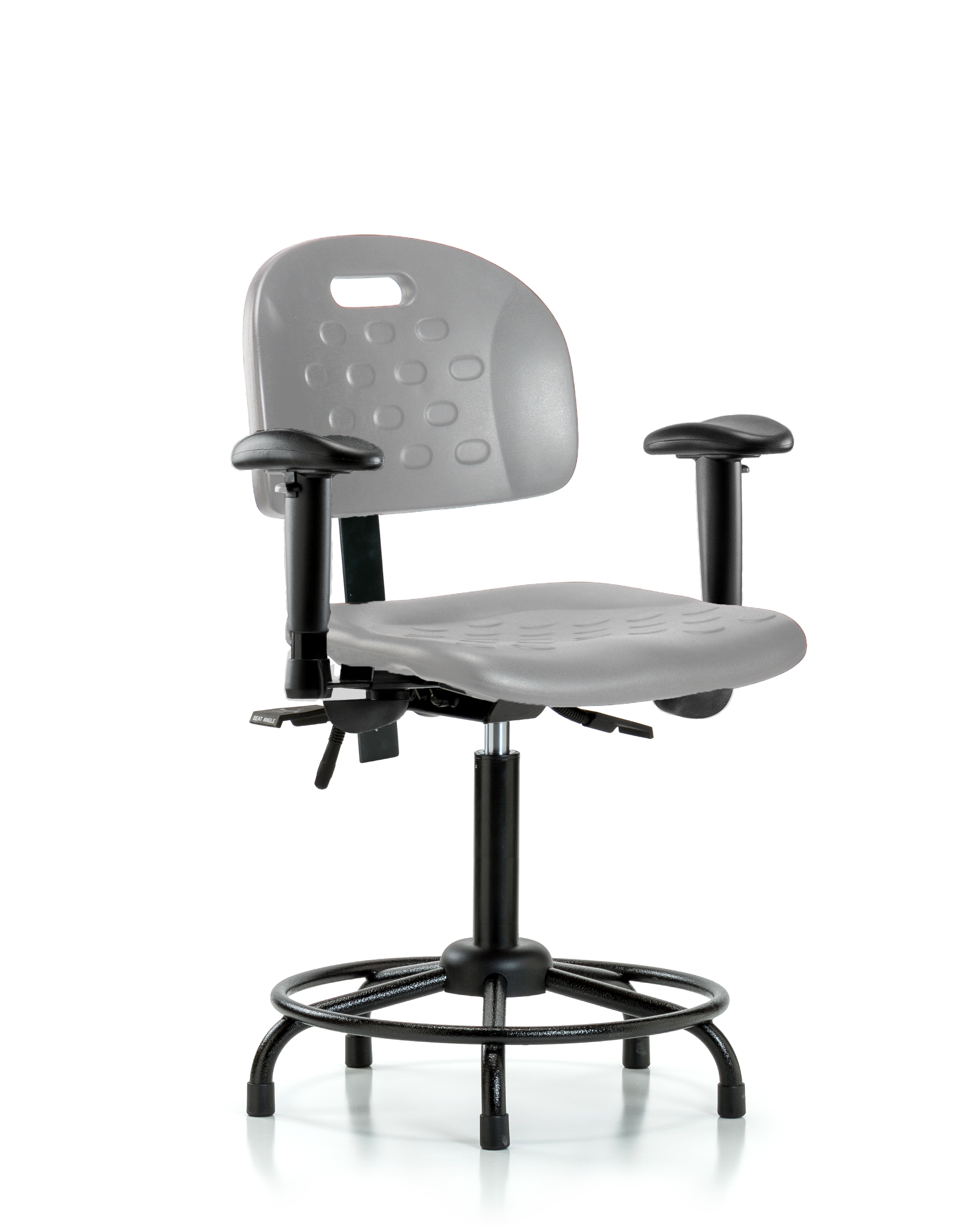Newport Industrial Polyurethane Chair with Round Tube Base - Medium Bench Height with Adjustable Arms & Stationary Glides in Gray Polyurethane