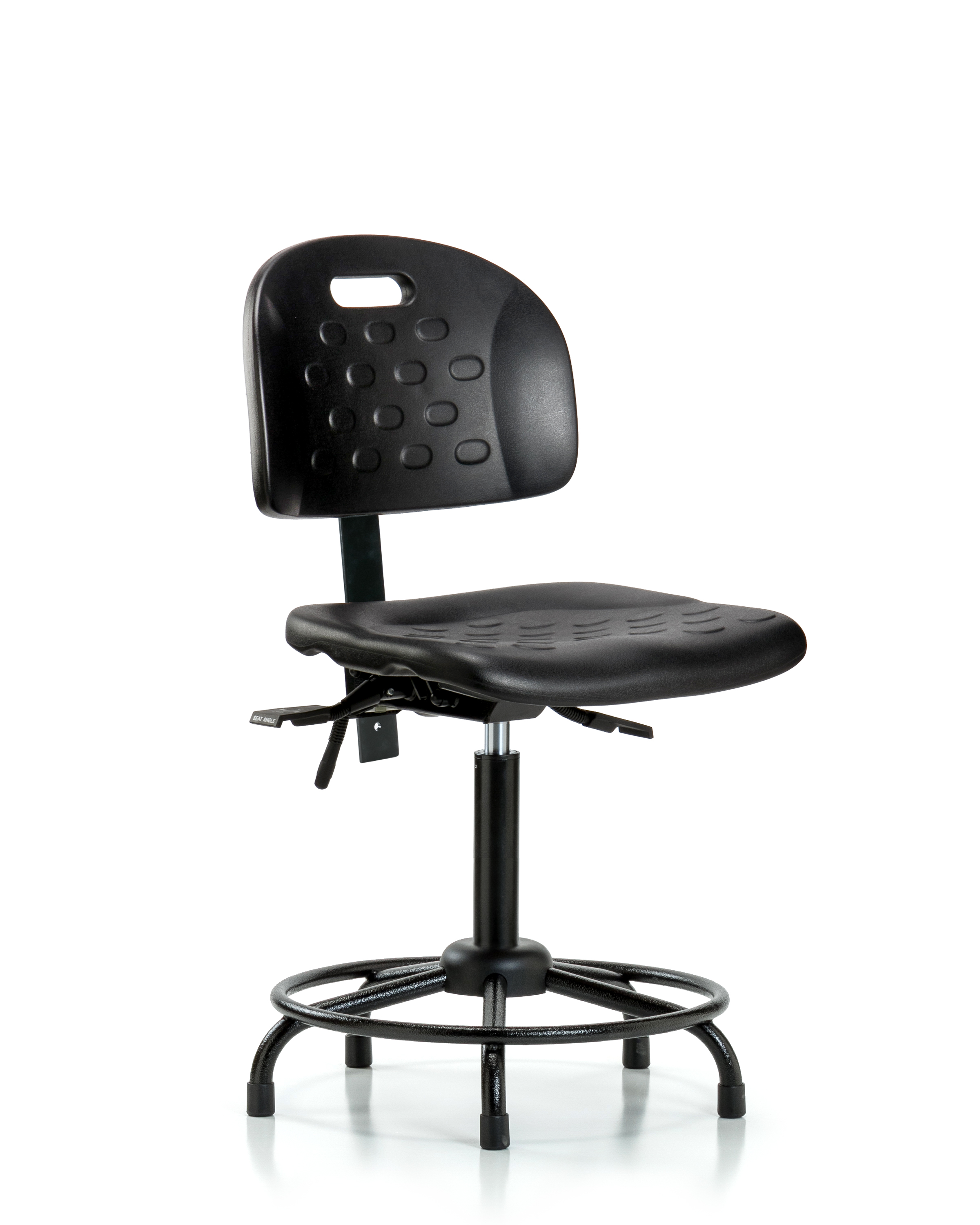 Newport Industrial Polyurethane Chair with Round Tube Base - Medium Bench Height with Seat Tilt & Stationary Glides in Black Polyurethane