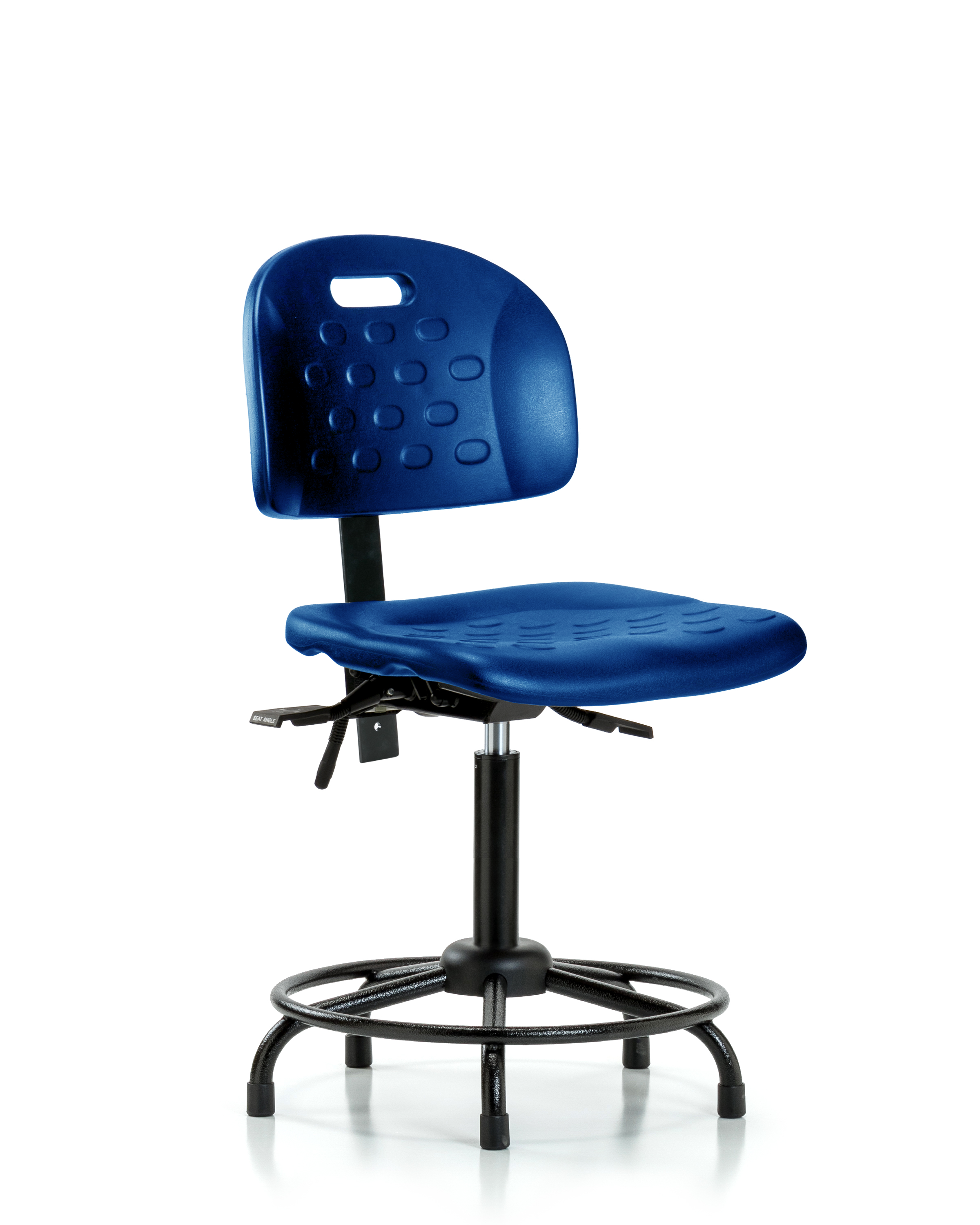 Newport Industrial Polyurethane Chair with Round Tube Base - Medium Bench Height with Seat Tilt & Stationary Glides in Blue Polyurethane