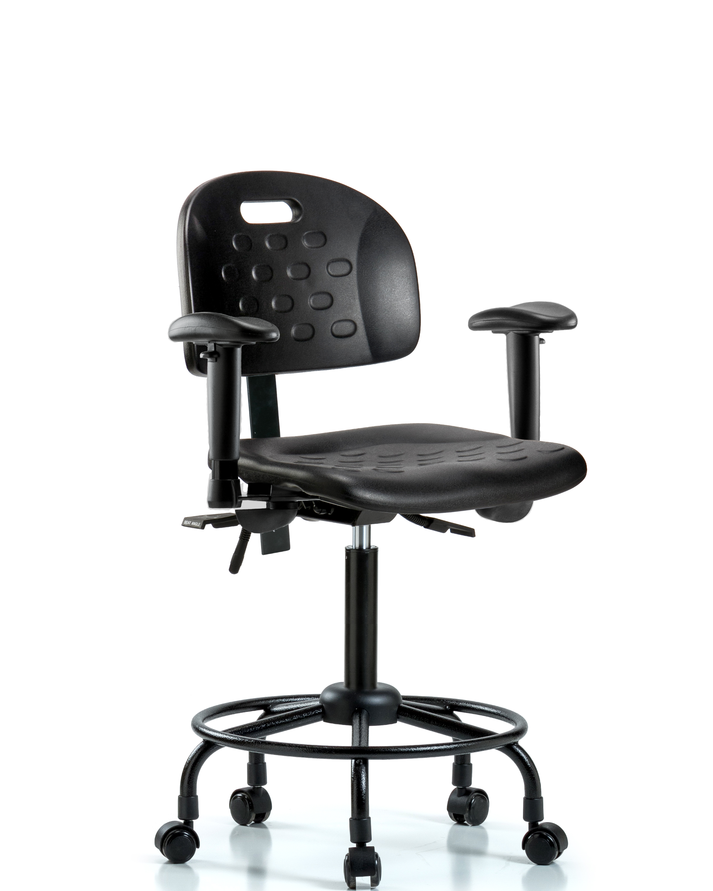 Newport Industrial Polyurethane Chair with Round Tube Base - Medium Bench Height with Seat Tilt, Adjustable Arms, & Casters in Black Polyurethane