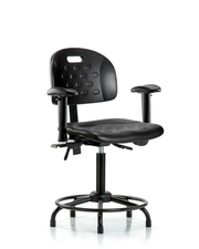 Newport Industrial Polyurethane Chair with Round Tube Base - Medium Bench Height with Seat Tilt, Adjustable Arms, & Stationary Glides in Black Polyurethane