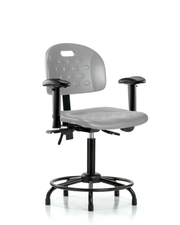 Newport Industrial Polyurethane Chair with Round Tube Base - Medium Bench Height with Seat Tilt, Adjustable Arms, & Stationary Glides in Gray Polyurethane