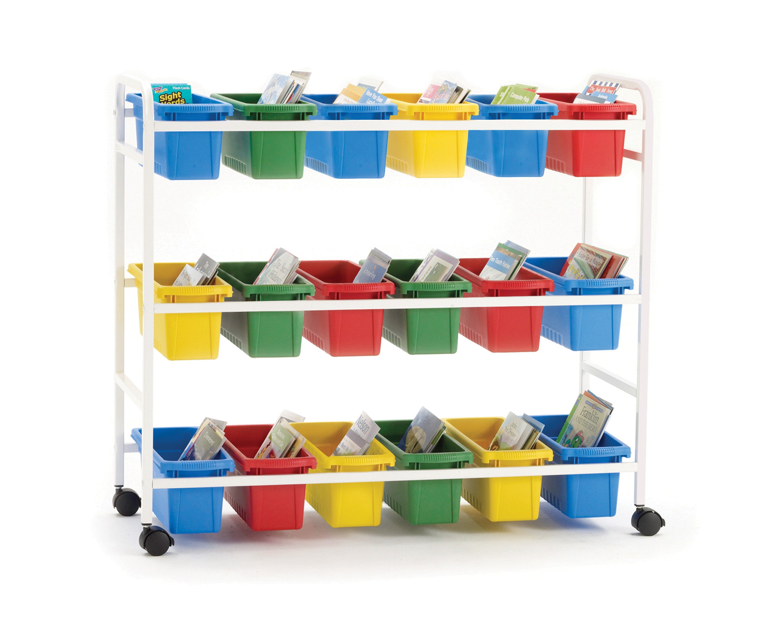 Book Browser Cart with 18 Small Tubs