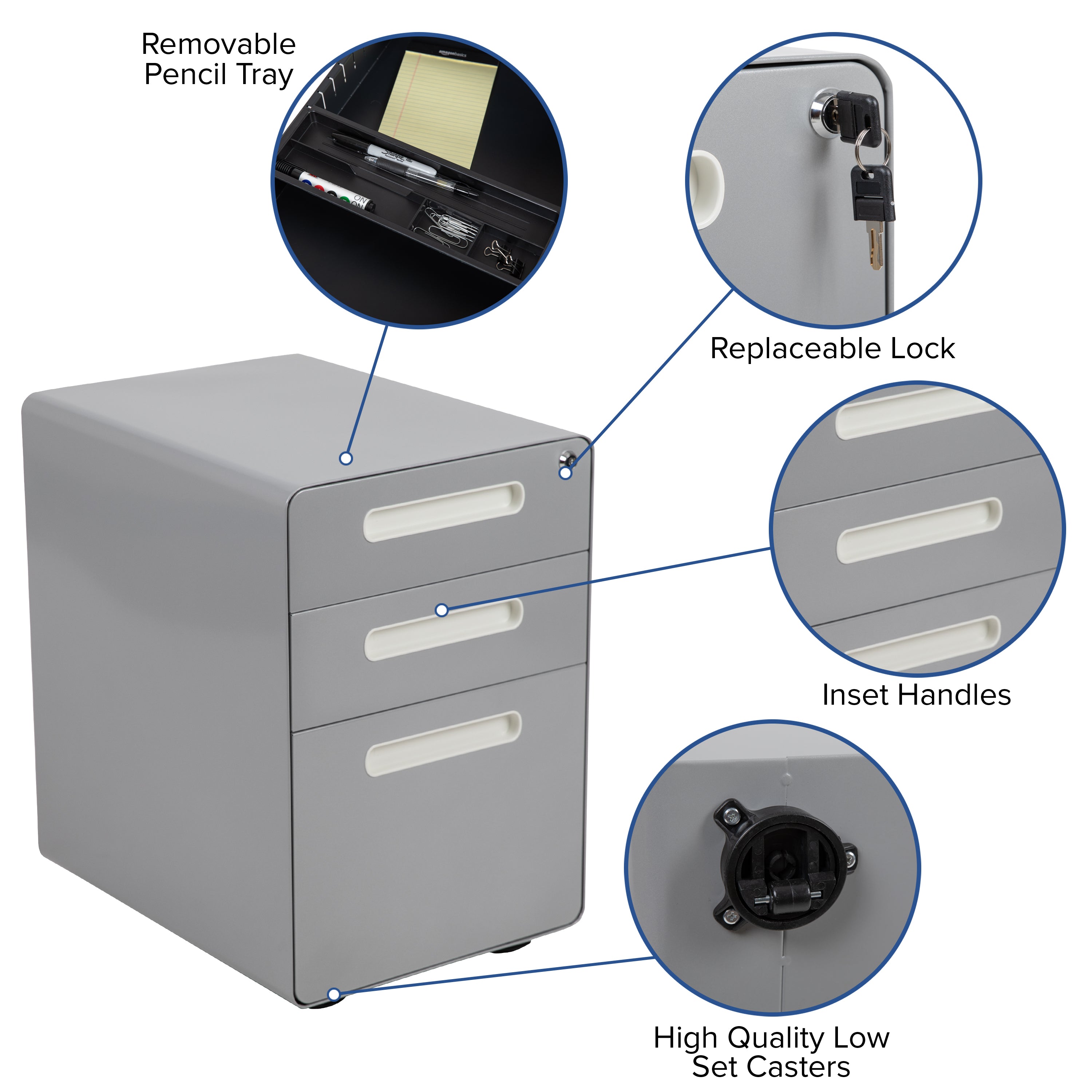 Wren Ergonomic 3-Drawer Mobile Locking Filing Cabinet with Anti-Tilt Mechanism and Hanging Drawer for Legal & Letter Files, Gray