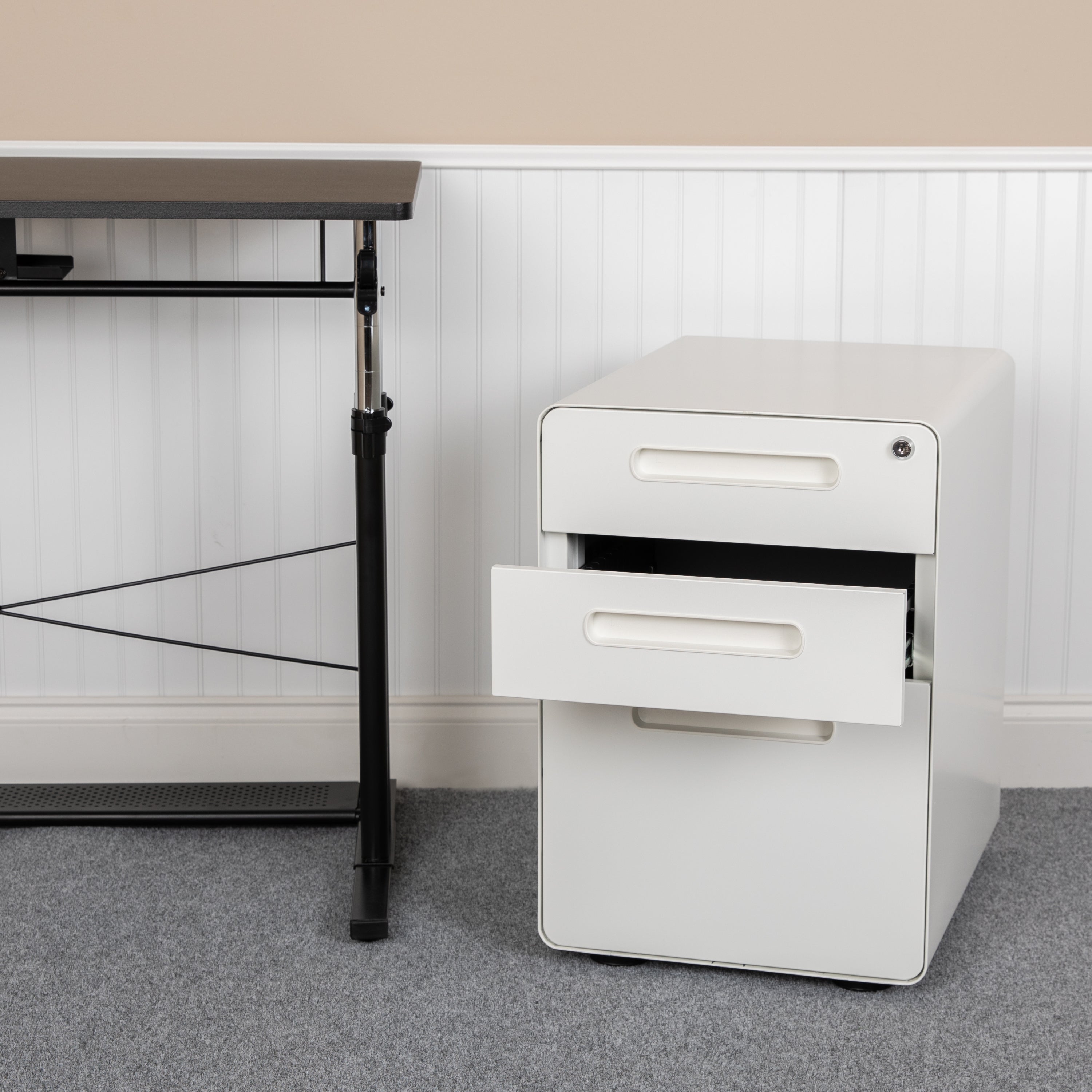 Wren Ergonomic 3-Drawer Mobile Locking Filing Cabinet with Anti-Tilt Mechanism and Hanging Drawer for Legal & Letter Files, White