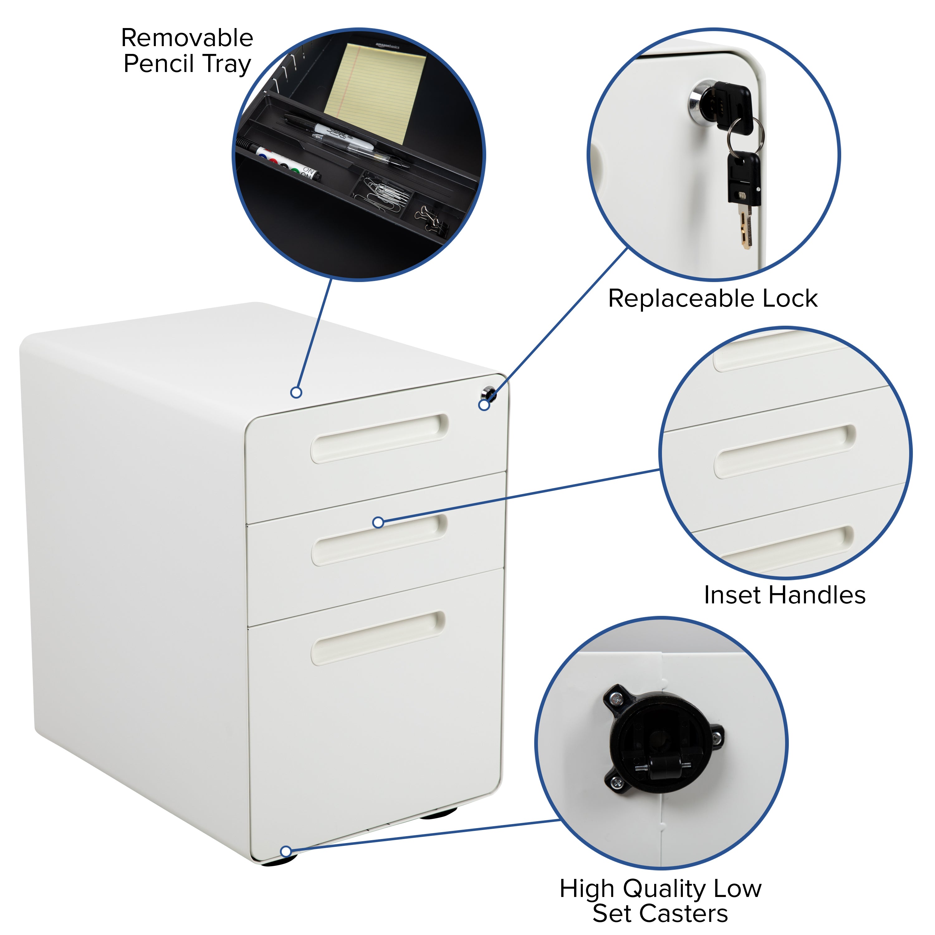 Wren Ergonomic 3-Drawer Mobile Locking Filing Cabinet with Anti-Tilt Mechanism and Hanging Drawer for Legal & Letter Files, White