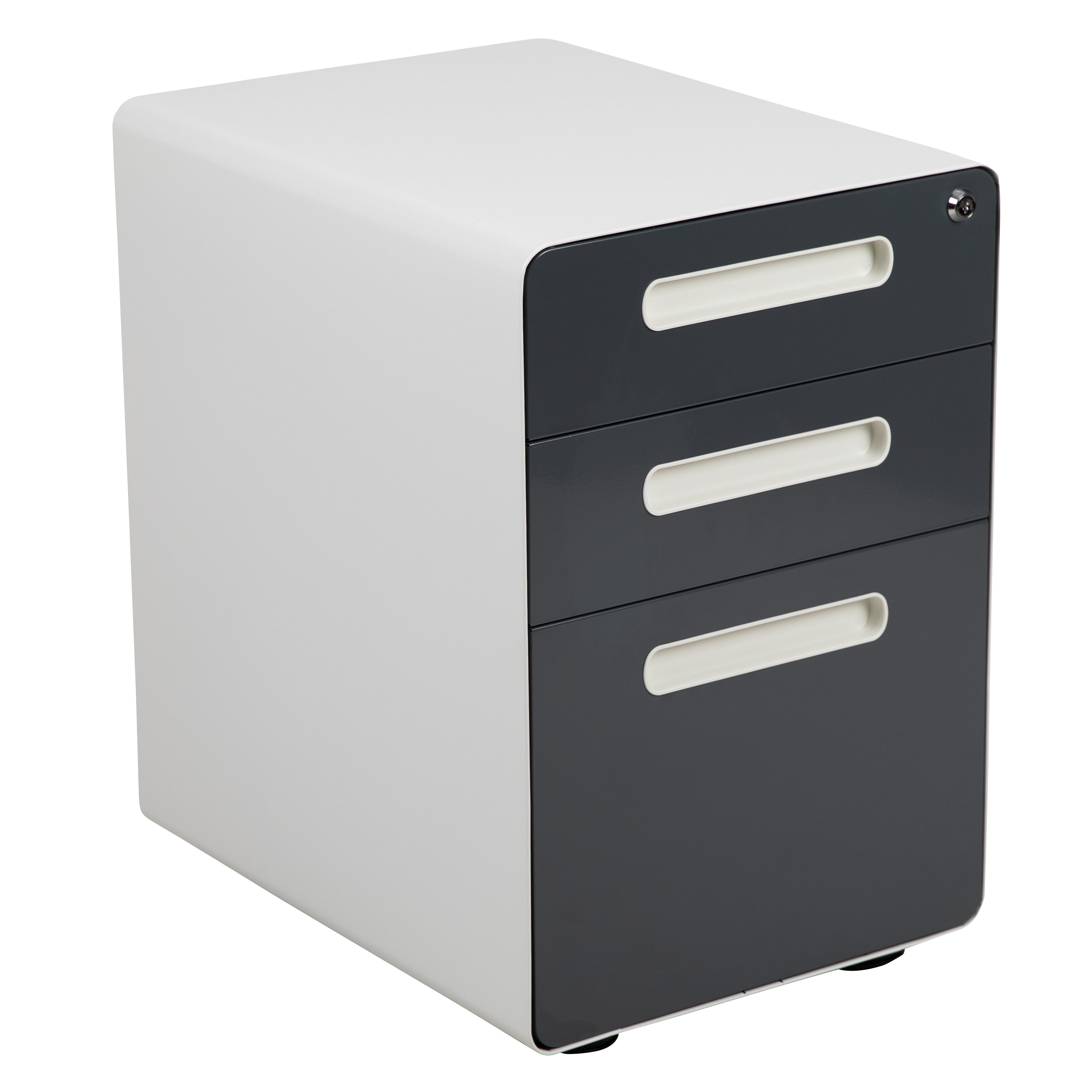 Wren Ergonomic 3-Drawer Mobile Locking Filing Cabinet with Anti-Tilt Mechanism & Letter/Legal Drawer, White with Charcoal Faceplate