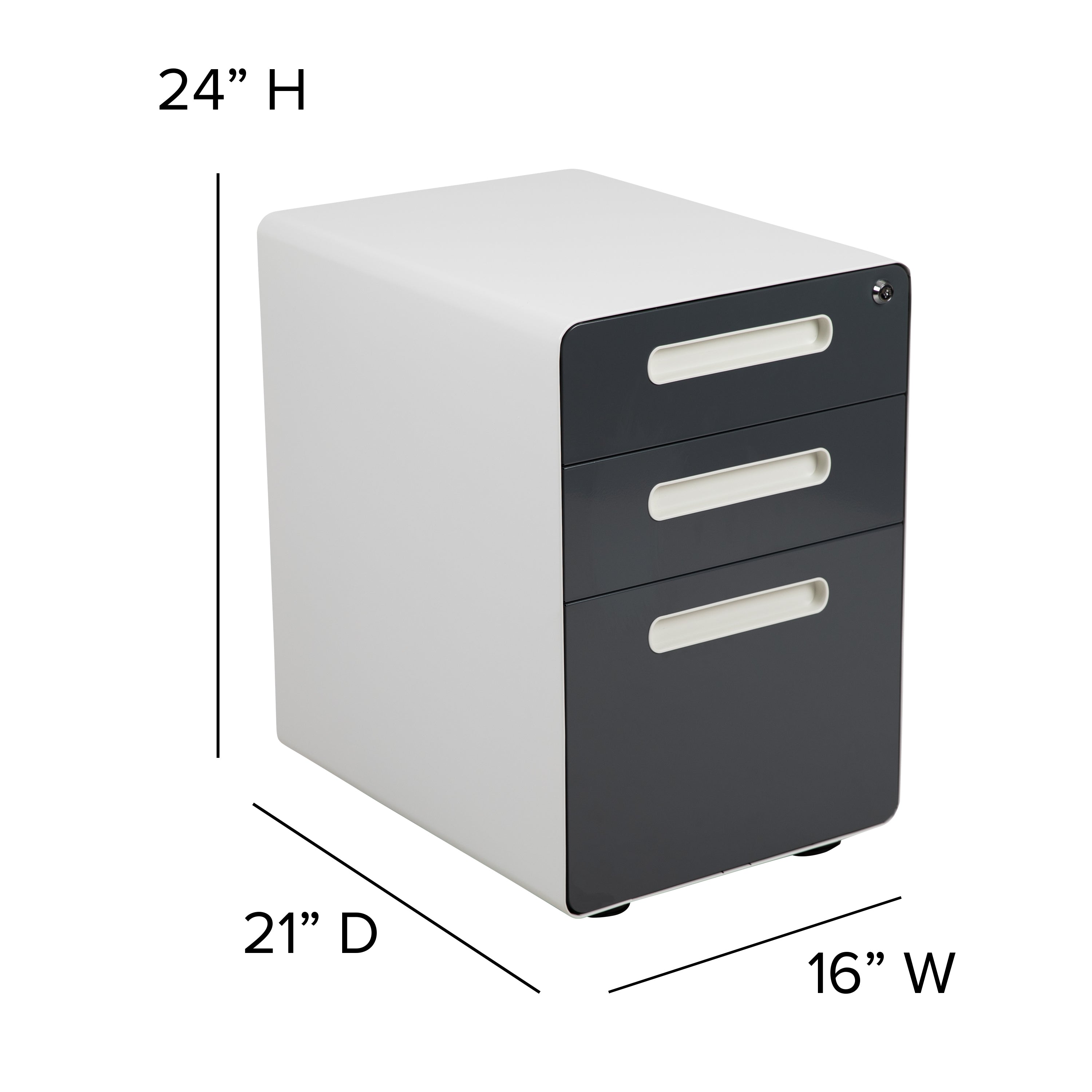 Wren Ergonomic 3-Drawer Mobile Locking Filing Cabinet with Anti-Tilt Mechanism & Letter/Legal Drawer, White with Charcoal Faceplate