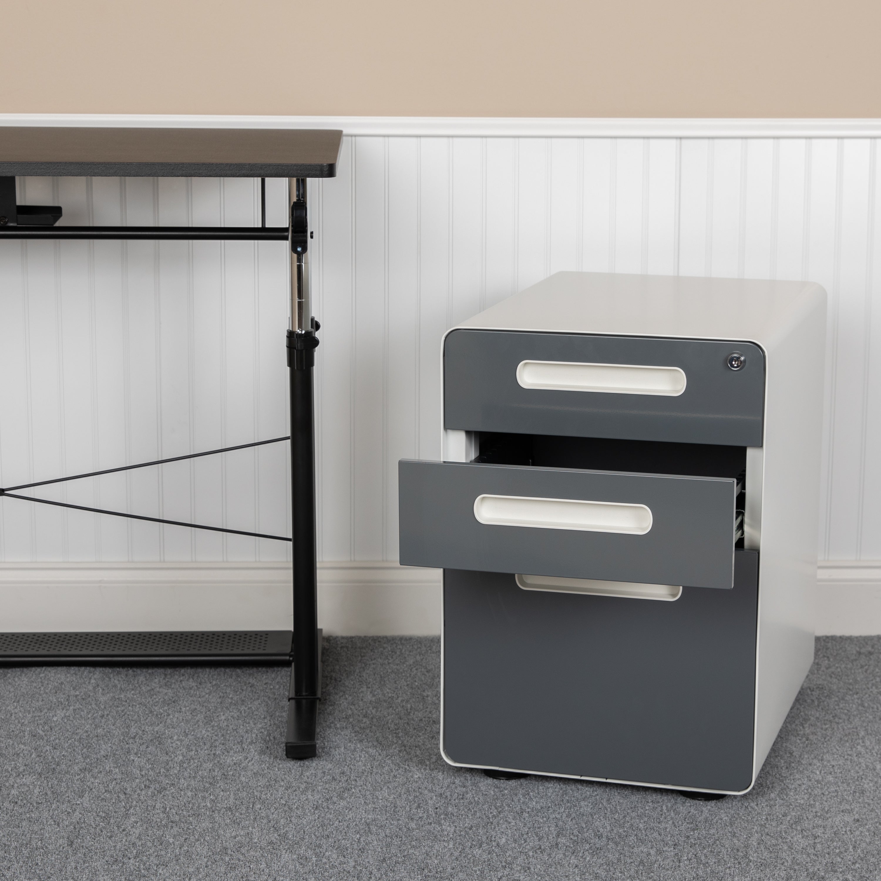 Wren Ergonomic 3-Drawer Mobile Locking Filing Cabinet with Anti-Tilt Mechanism & Letter/Legal Drawer, White with Charcoal Faceplate