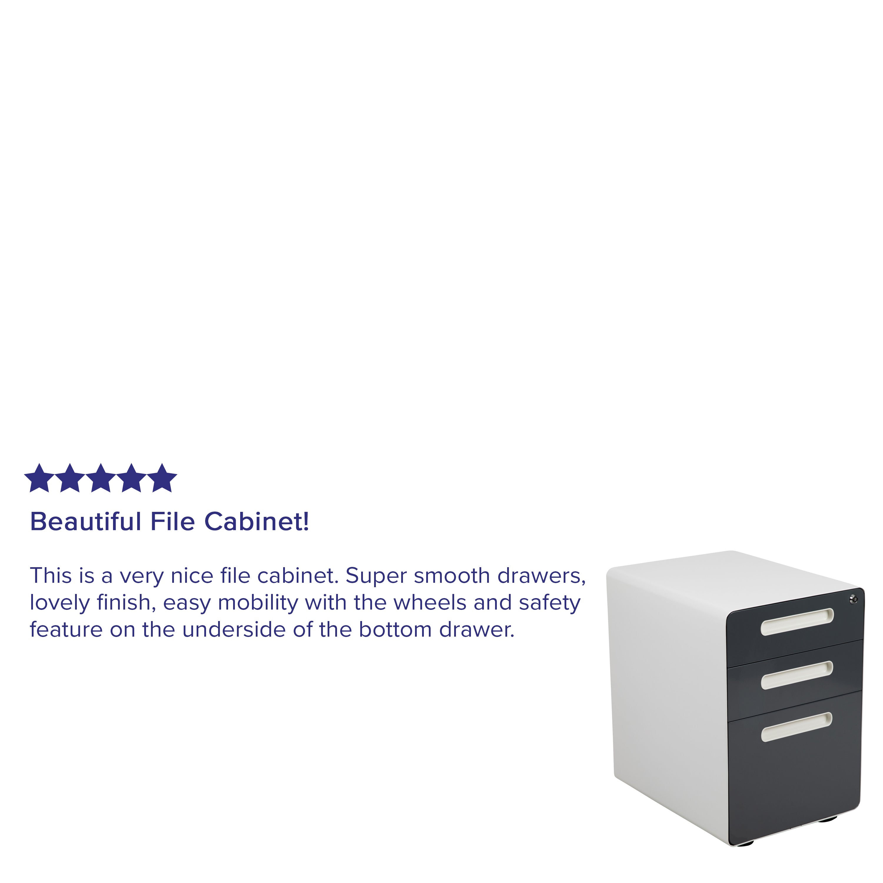 Wren Ergonomic 3-Drawer Mobile Locking Filing Cabinet with Anti-Tilt Mechanism & Letter/Legal Drawer, White with Charcoal Faceplate