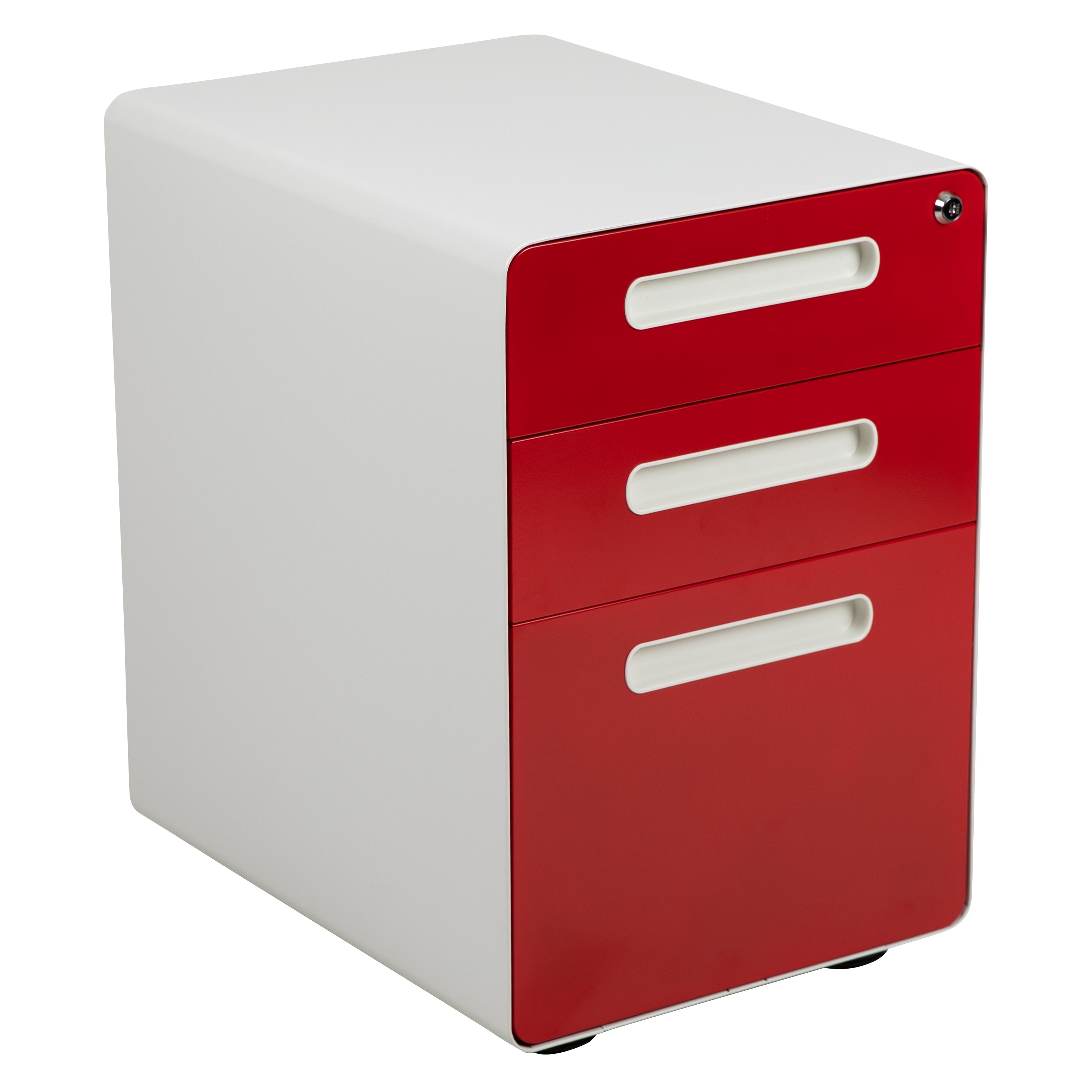 Wren Ergonomic 3-Drawer Mobile Locking Filing Cabinet with Anti-Tilt Mechanism & Letter/Legal Drawer, White with Red Faceplate