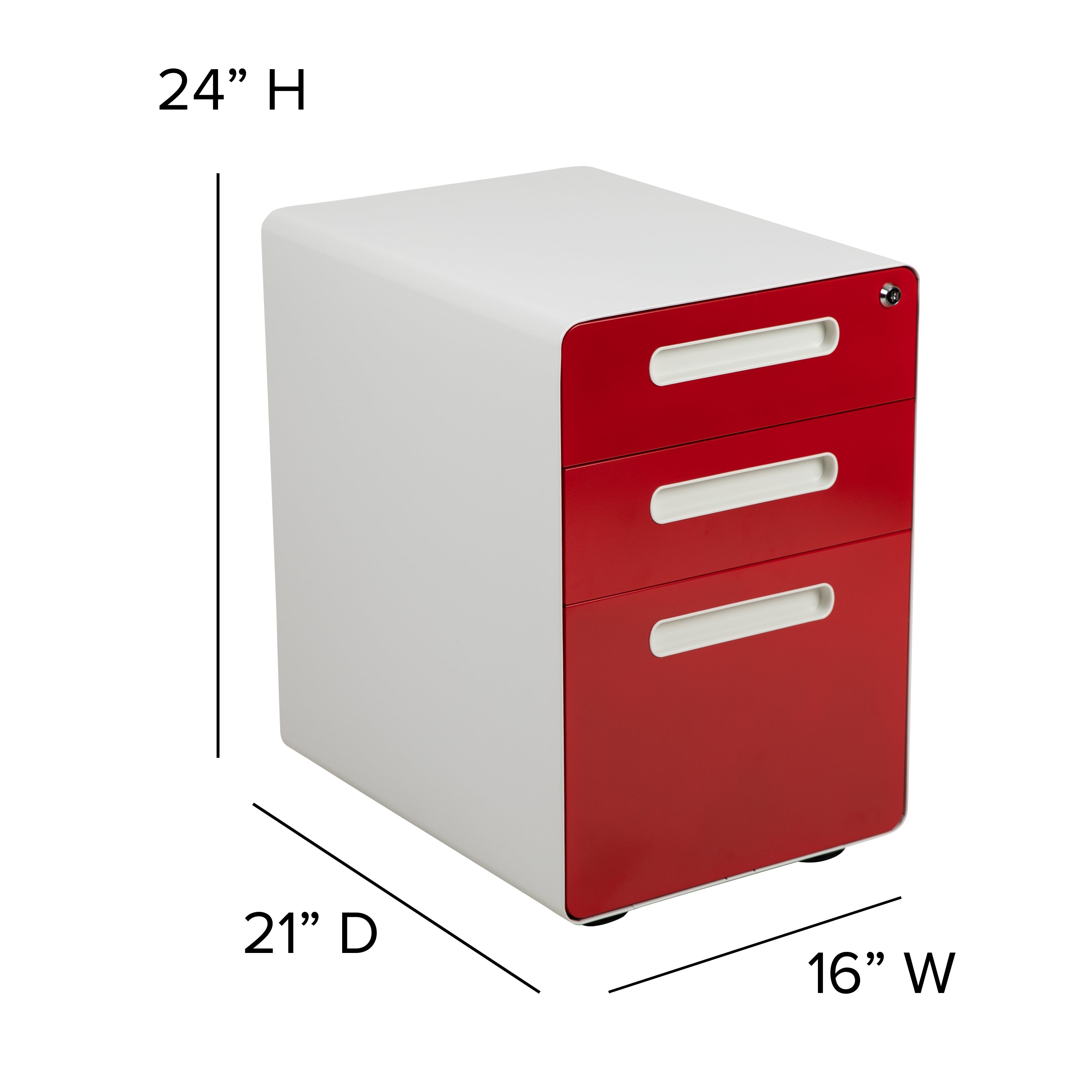 Wren Ergonomic 3-Drawer Mobile Locking Filing Cabinet with Anti-Tilt Mechanism & Letter/Legal Drawer, White with Red Faceplate
