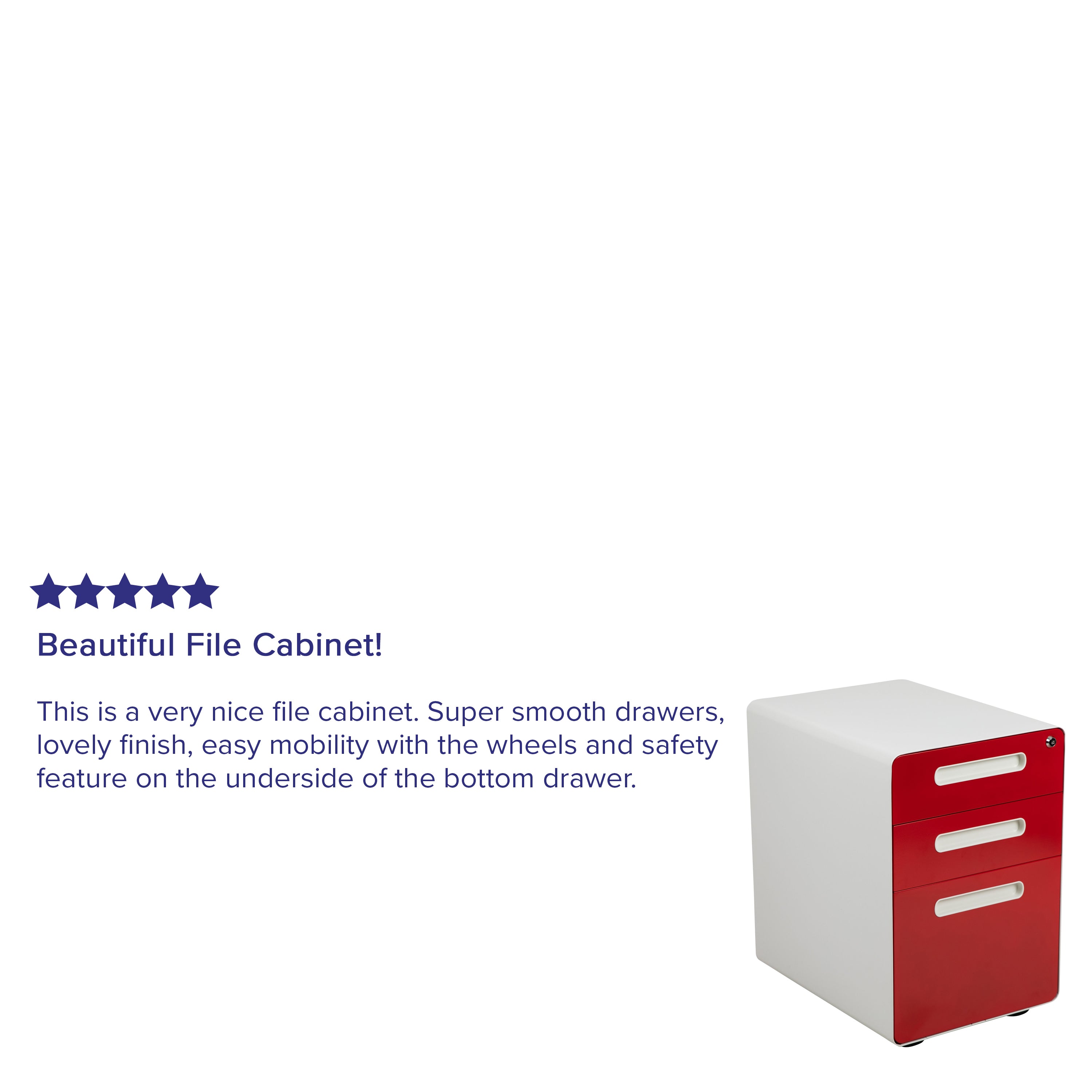 Wren Ergonomic 3-Drawer Mobile Locking Filing Cabinet with Anti-Tilt Mechanism & Letter/Legal Drawer, White with Red Faceplate