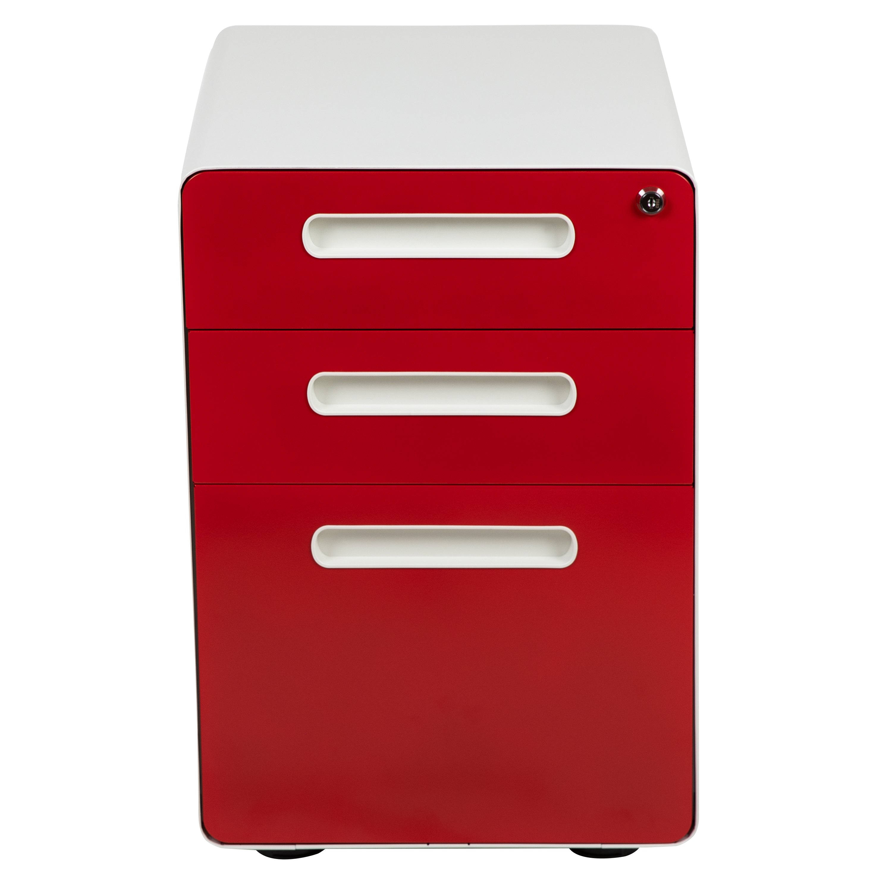 Wren Ergonomic 3-Drawer Mobile Locking Filing Cabinet with Anti-Tilt Mechanism & Letter/Legal Drawer, White with Red Faceplate