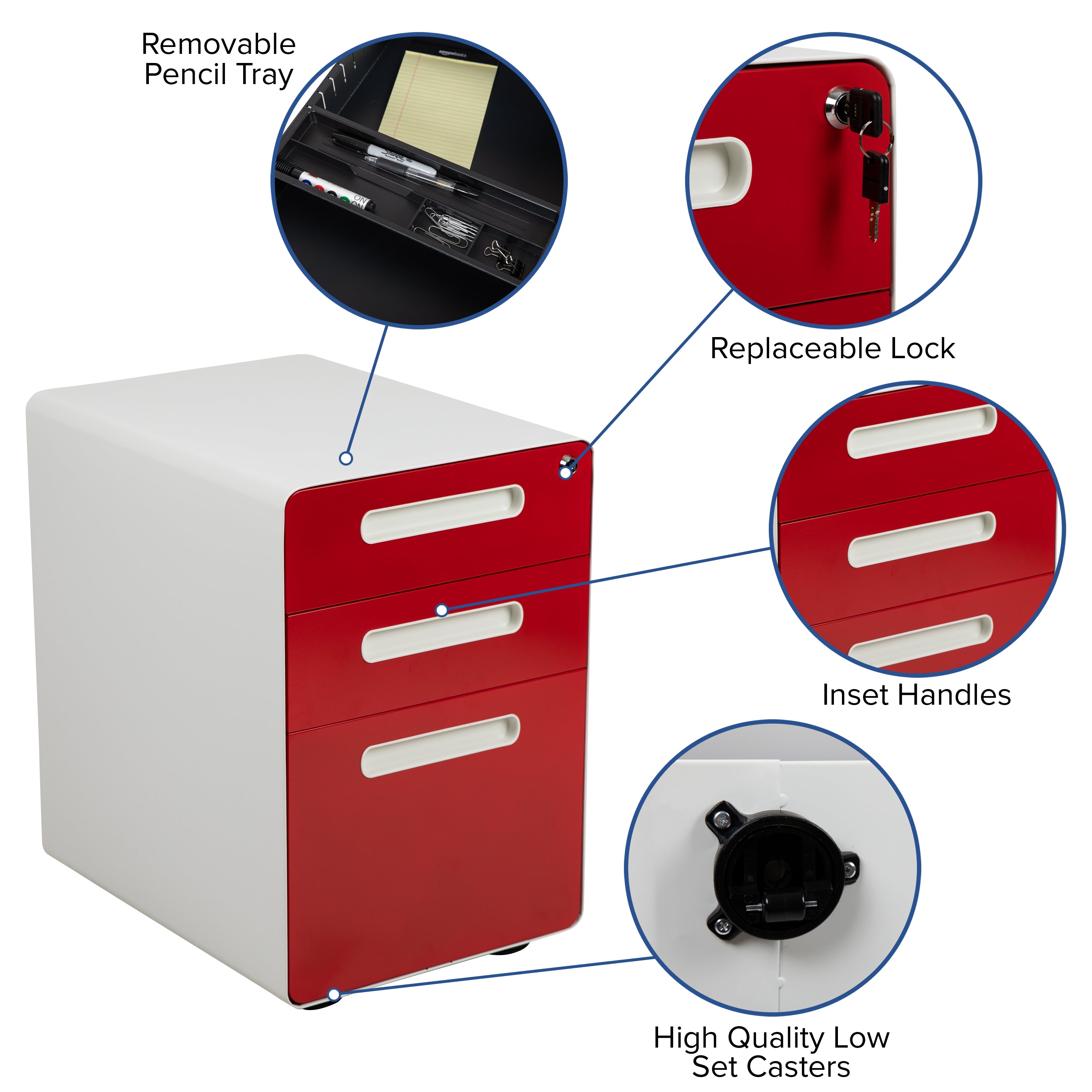 Wren Ergonomic 3-Drawer Mobile Locking Filing Cabinet with Anti-Tilt Mechanism & Letter/Legal Drawer, White with Red Faceplate