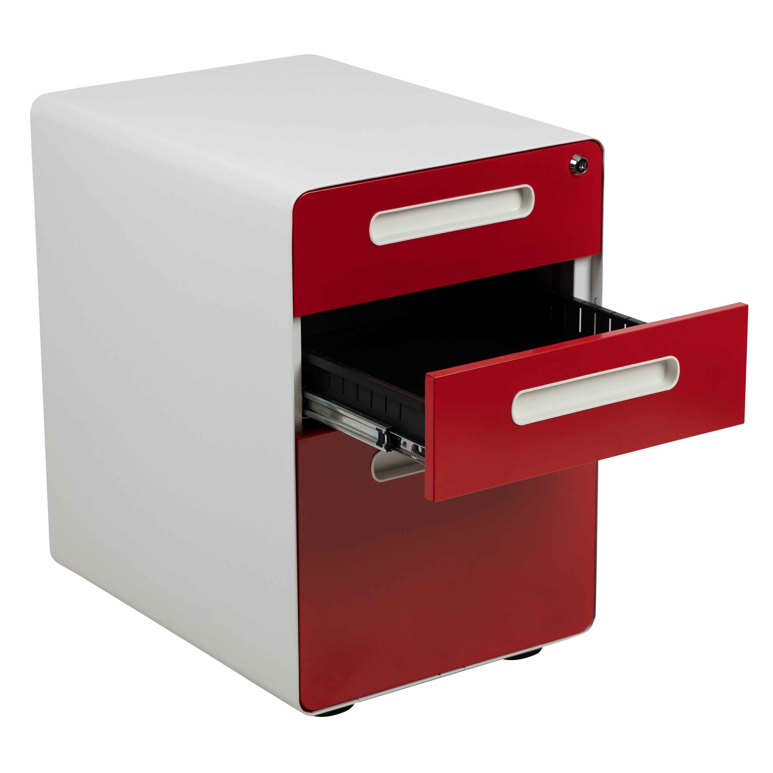 Wren Ergonomic 3-Drawer Mobile Locking Filing Cabinet with Anti-Tilt Mechanism & Letter/Legal Drawer, White with Red Faceplate
