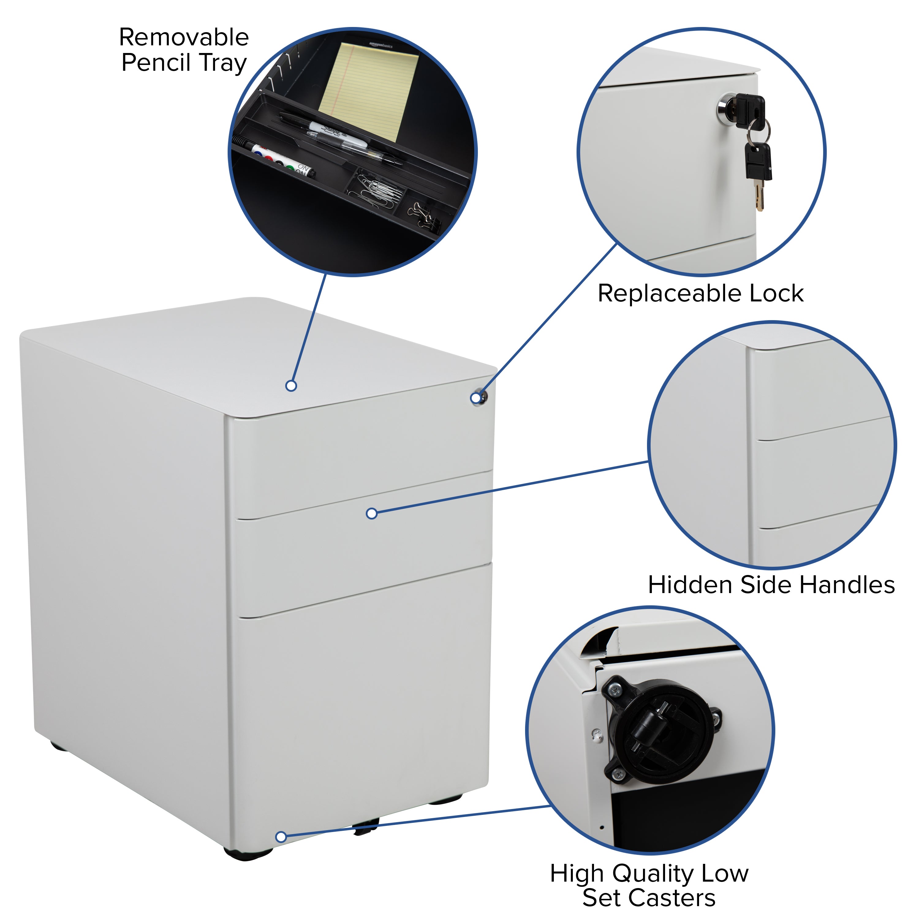 Warner Modern 3-Drawer Mobile Locking Filing Cabinet with Anti-Tilt Mechanism and Hanging Drawer for Legal & Letter Files, White