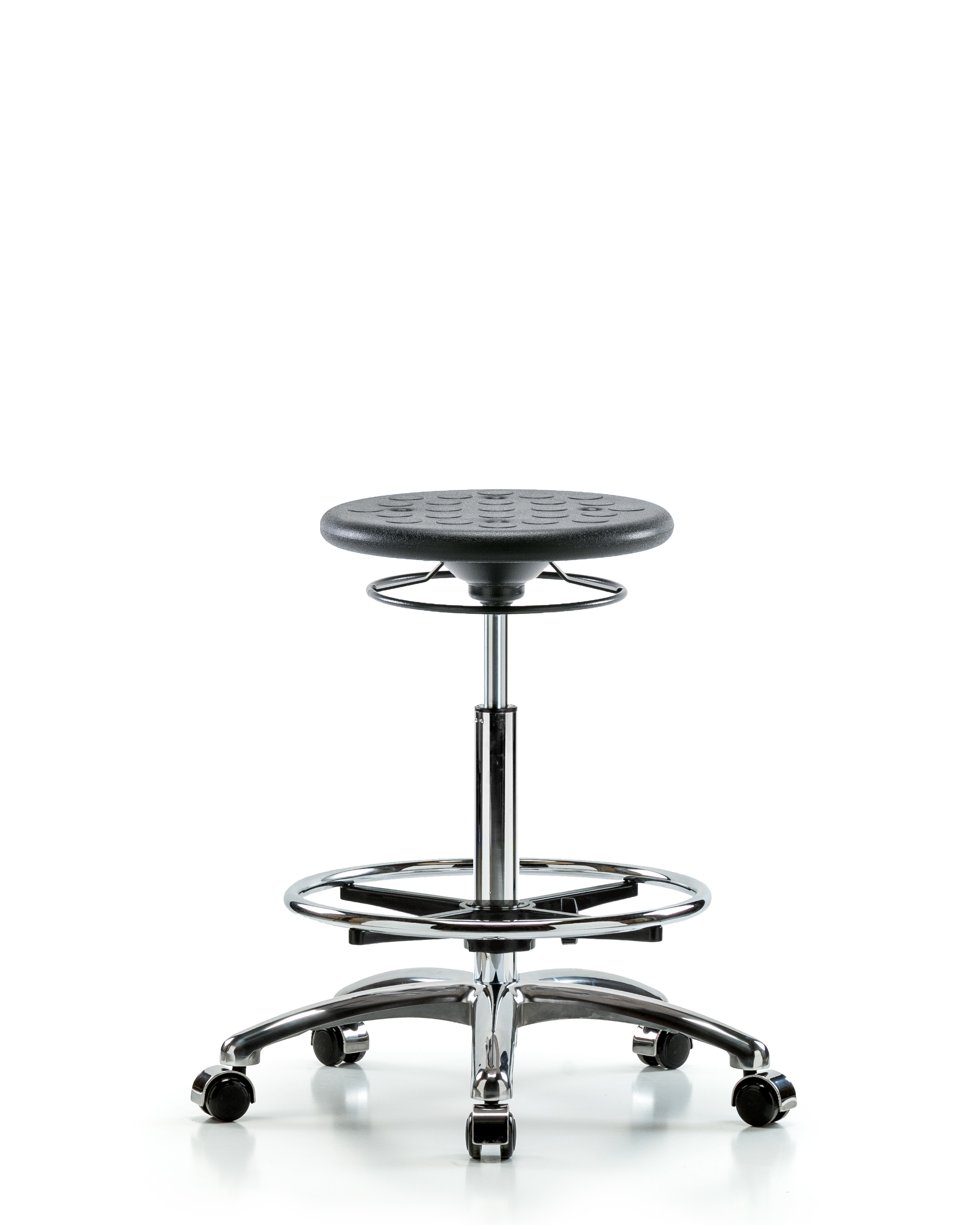 Huron Polyurethane Stool Chrome - High Bench Height with Chrome Foot Ring and Casters in Black Polyurethane