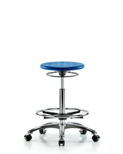 Huron Polyurethane Stool Chrome - High Bench Height with Chrome Foot Ring & Casters in Blue Polyurethane