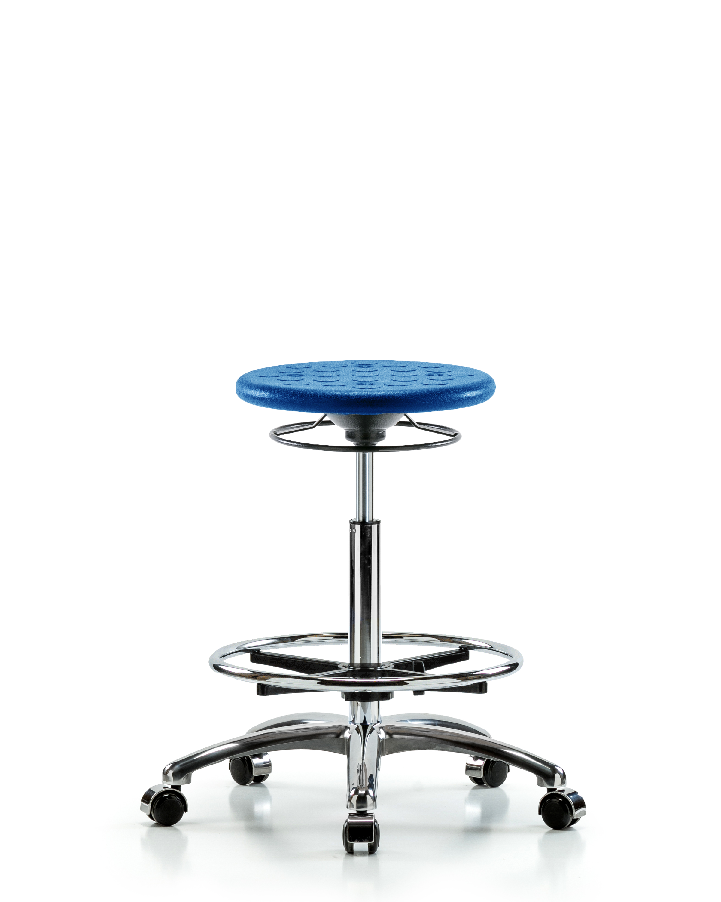 Huron Polyurethane Stool Chrome - High Bench Height with Chrome Foot Ring & Casters in Blue Polyurethane