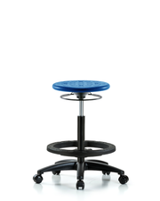 Huron Polyurethane Stool - High Bench Height with Black Foot Ring & Casters in Blue Polyurethane