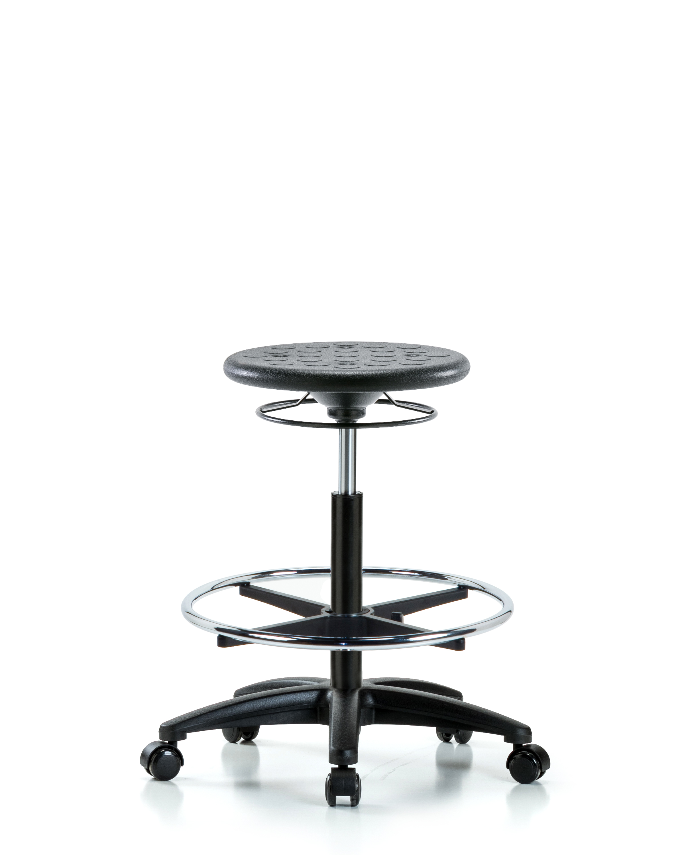 Huron Polyurethane Stool - High Bench Height with Chrome Foot Ring and Casters in Black Polyurethane