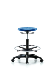 Huron Polyurethane Stool - High Bench Height with Chrome Foot Ring & Casters in Blue Polyurethane