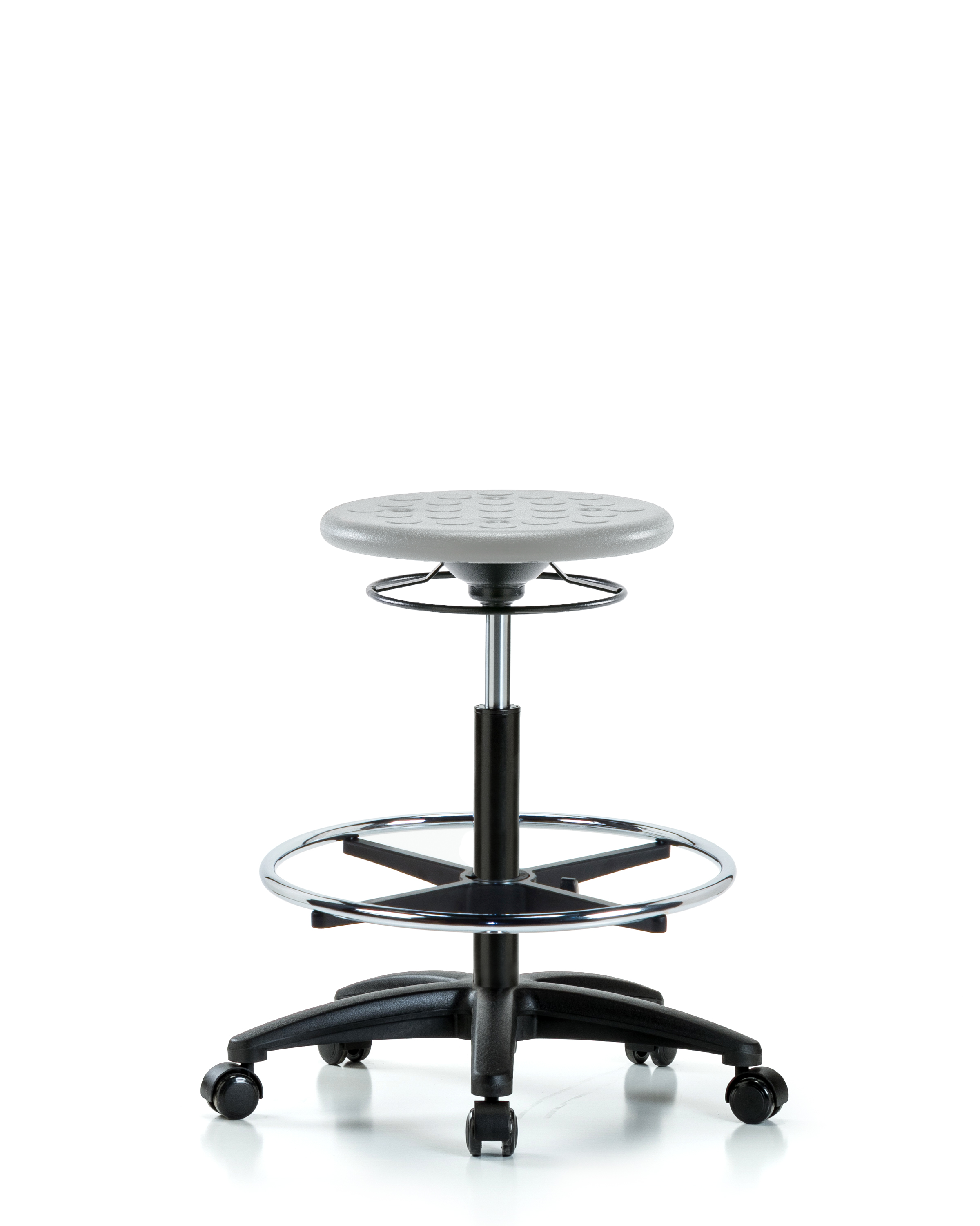 Huron Polyurethane Stool - High Bench Height with Chrome Foot Ring & Casters in Gray Polyurethane