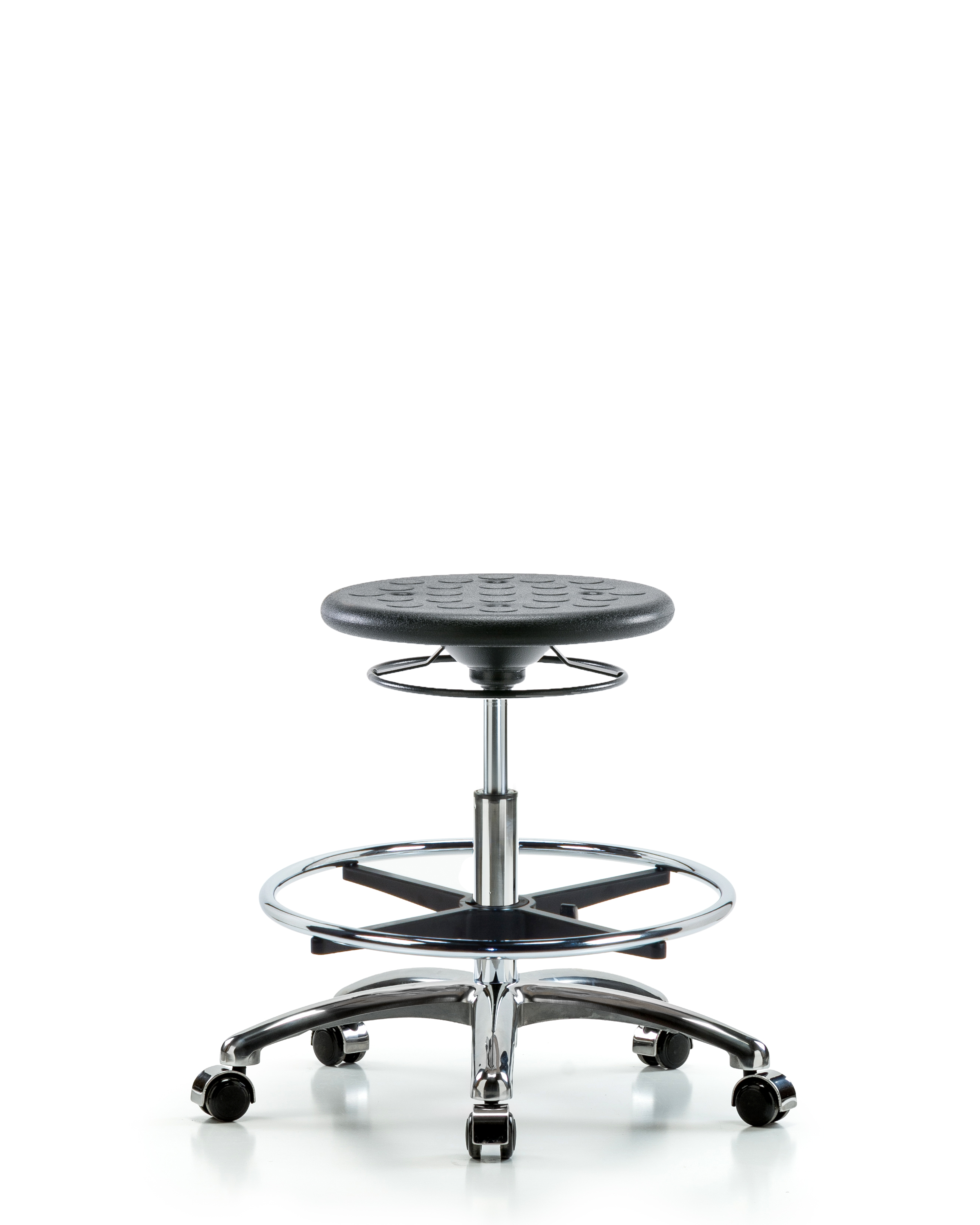 Huron Polyurethane Stool Chrome - Medium Bench Height with Chrome Foot Ring and Casters in Black Polyurethane