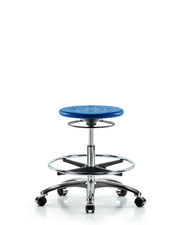Huron Polyurethane Stool Chrome - Medium Bench Height with Chrome Foot Ring & Casters in Blue Polyurethane