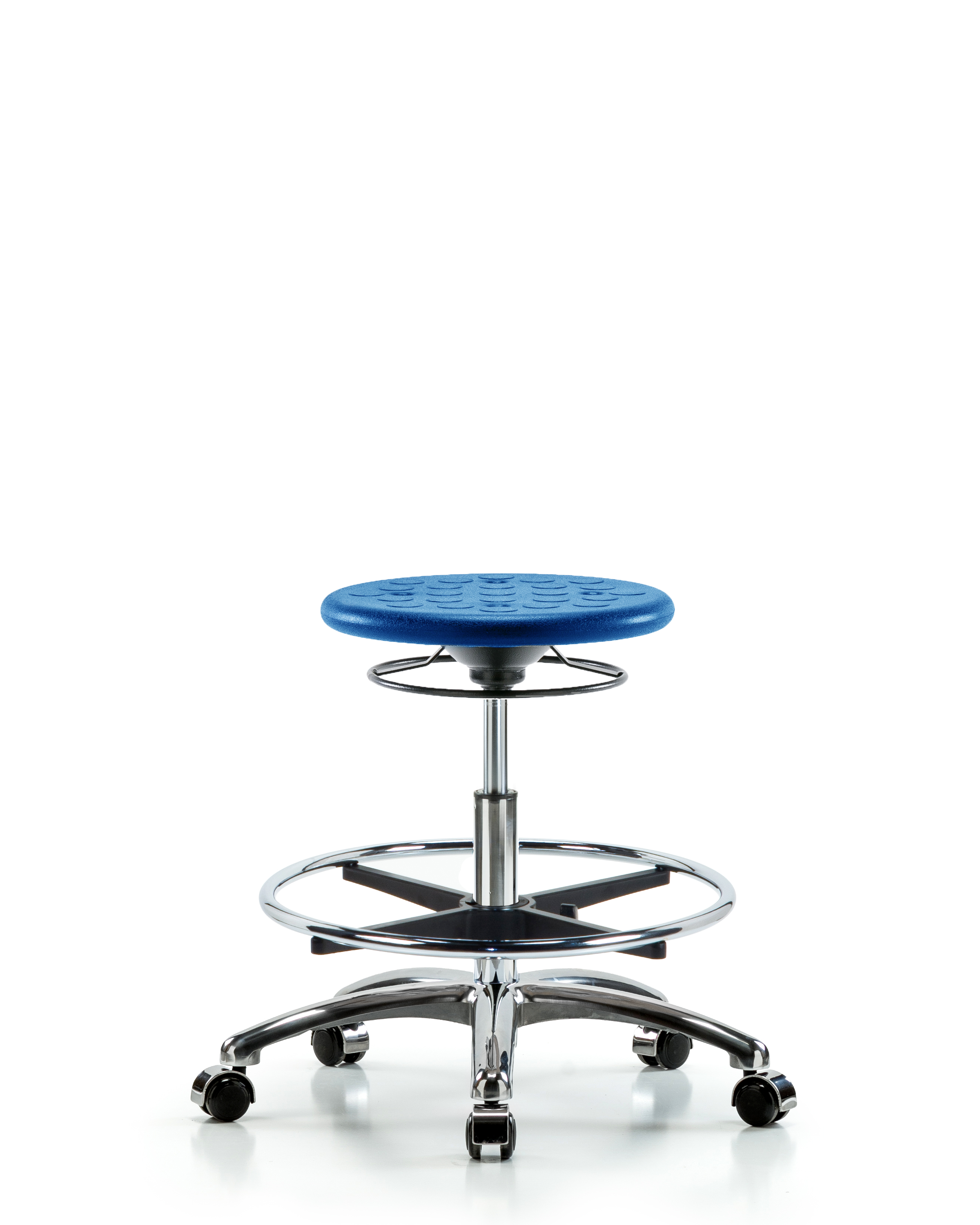 Huron Polyurethane Stool Chrome - Medium Bench Height with Chrome Foot Ring & Casters in Blue Polyurethane
