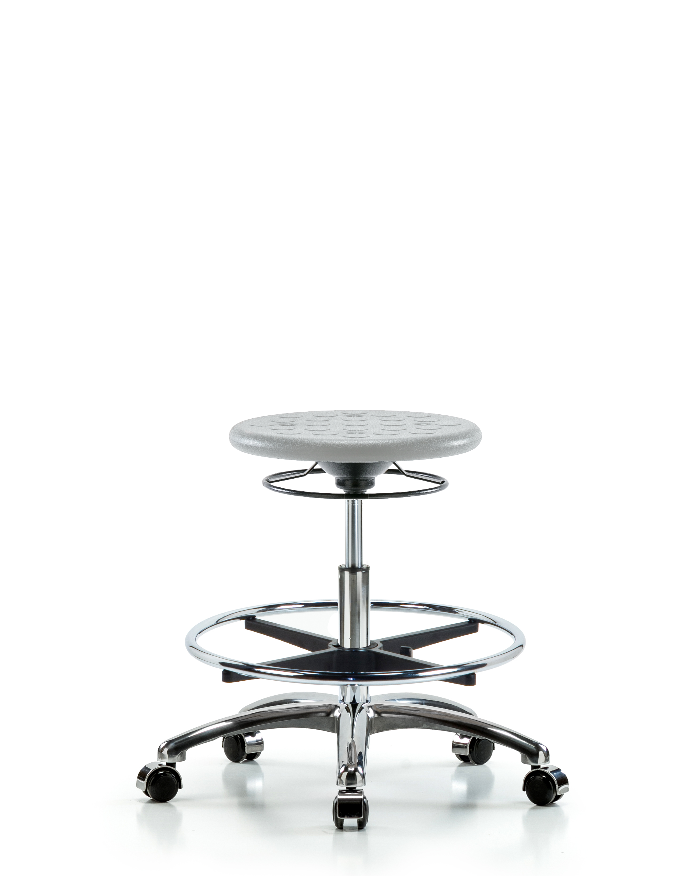 Huron Polyurethane Stool Chrome - Medium Bench Height with Chrome Foot Ring & Casters in Gray Polyurethane