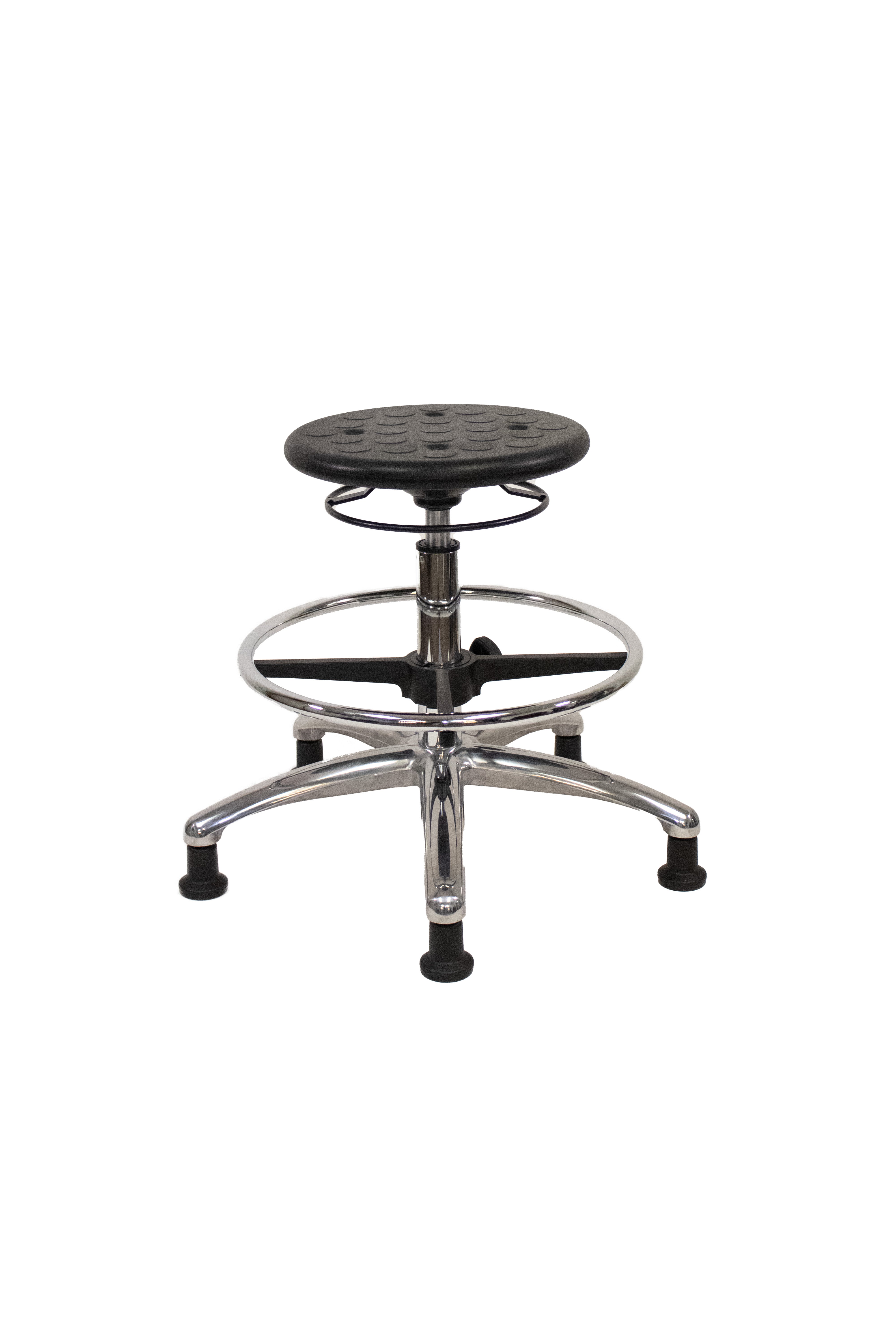 Huron Polyurethane Stool Chrome - Medium Bench Height with Chrome Foot Ring and Stationary Glides in Black Polyurethane