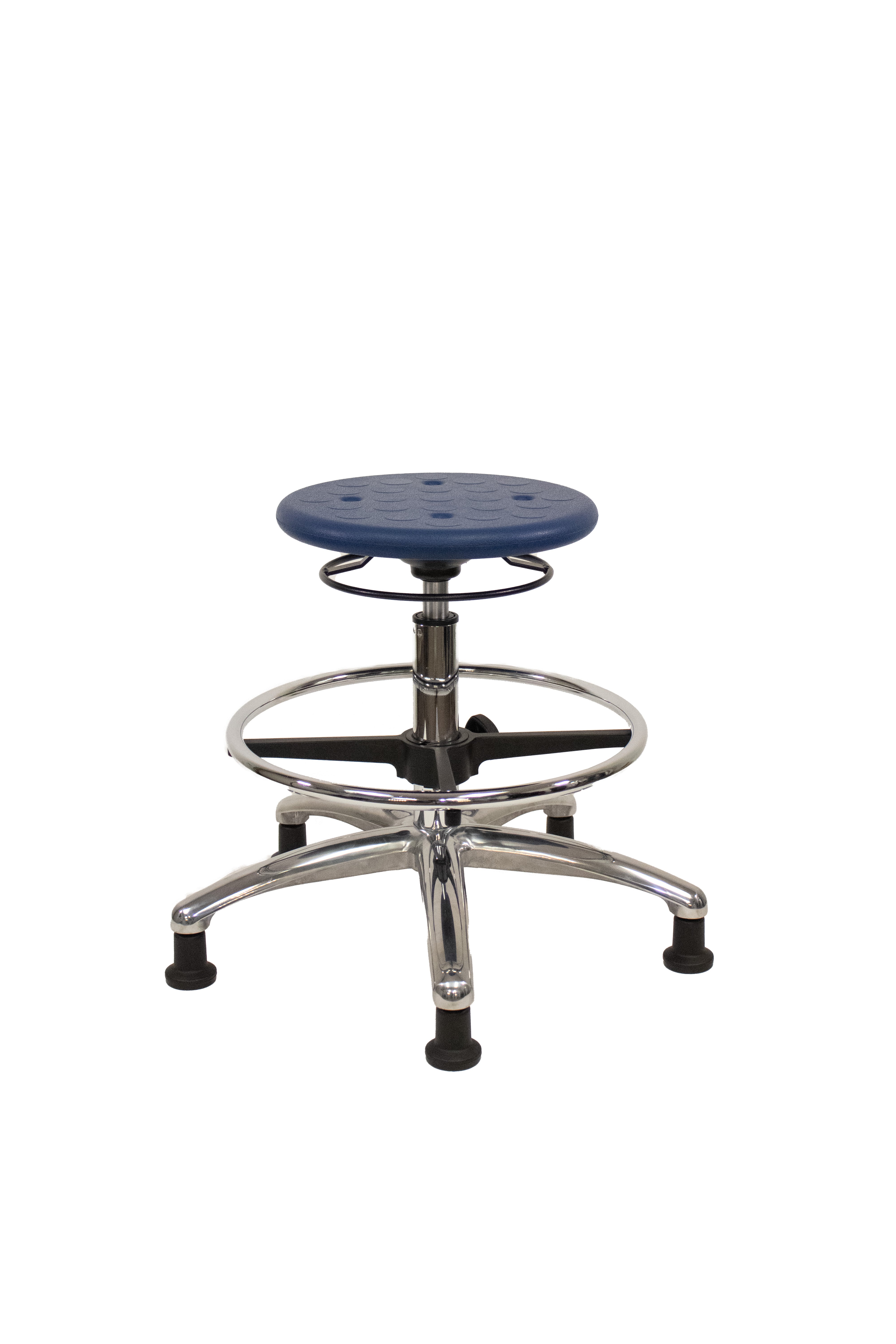 Huron Polyurethane Stool Chrome - Medium Bench Height with Chrome Foot Ring & Stationary Glides in Blue Polyurethane