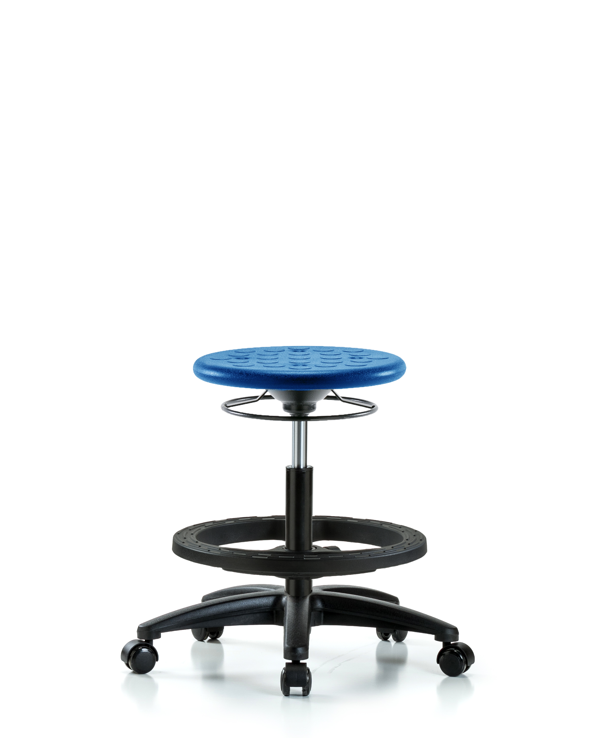 Huron Polyurethane Stool - Medium Bench Height with Black Foot Ring & Casters in Blue Polyurethane