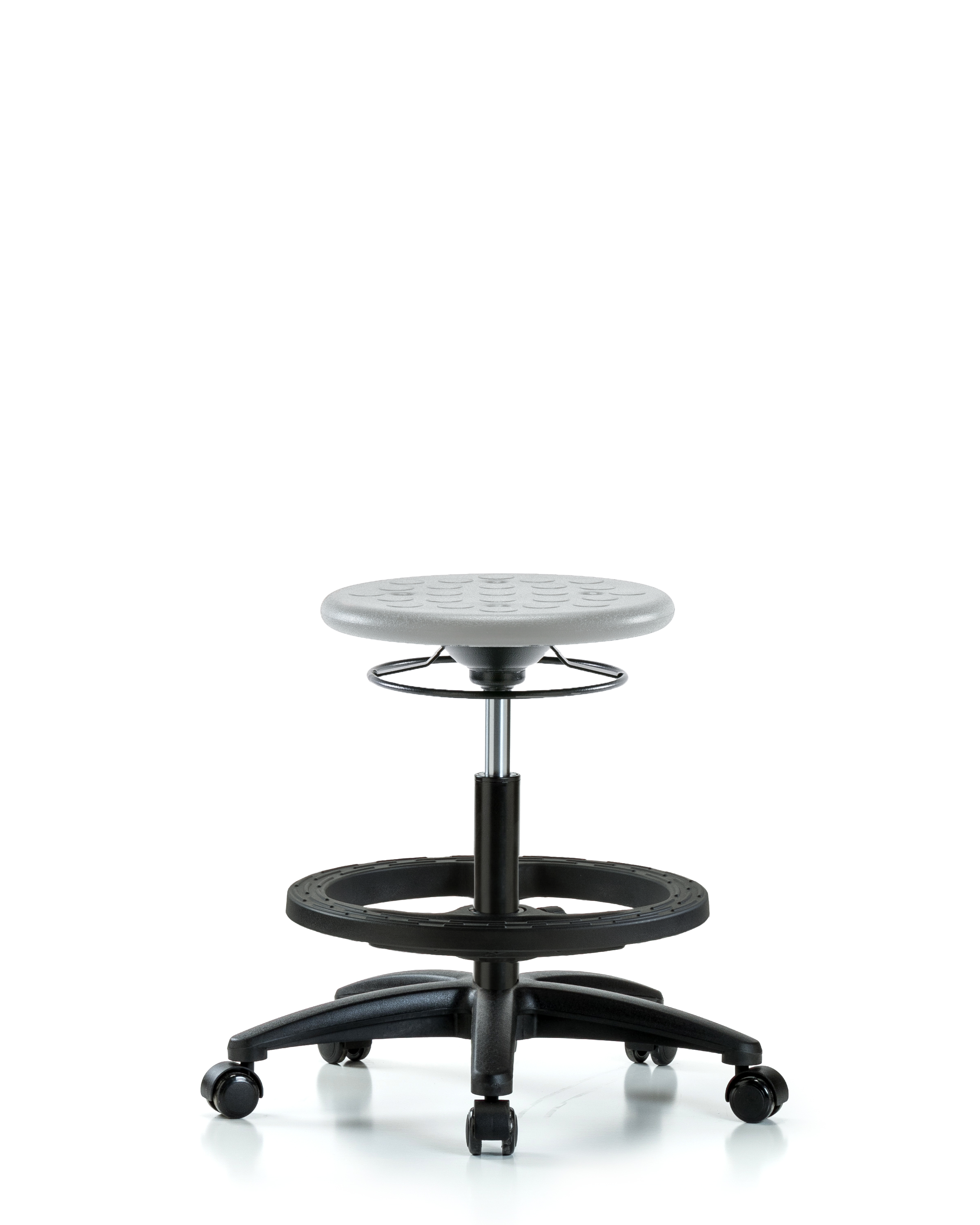 Huron Polyurethane Stool - Medium Bench Height with Black Foot Ring & Casters in Gray Polyurethane