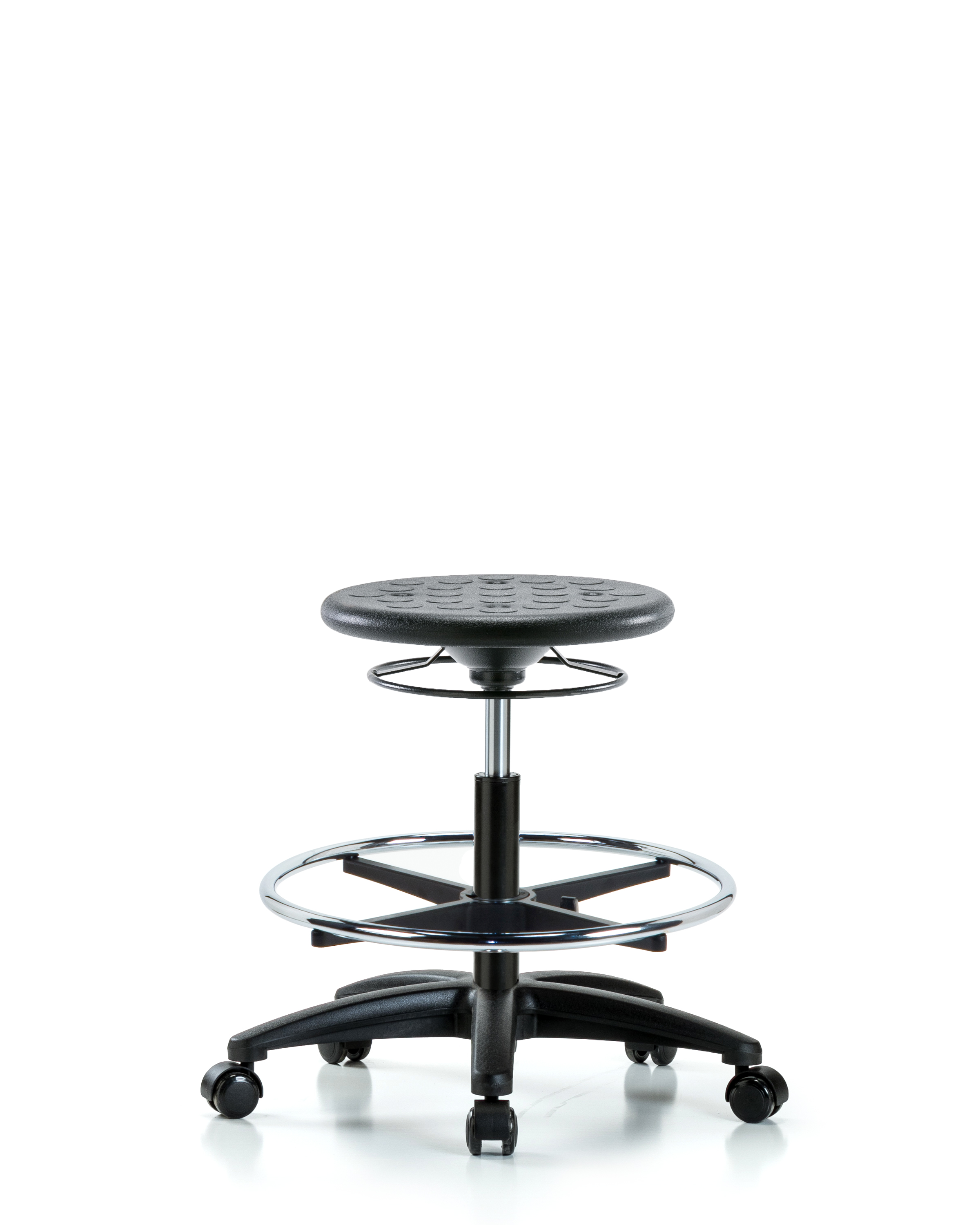 Huron Polyurethane Stool - Medium Bench Height with Chrome Foot Ring and Casters in Black Polyurethane