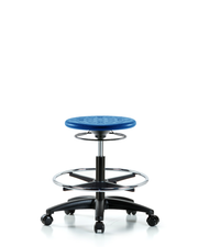 Huron Polyurethane Stool - Medium Bench Height with Chrome Foot Ring & Casters in Blue Polyurethane