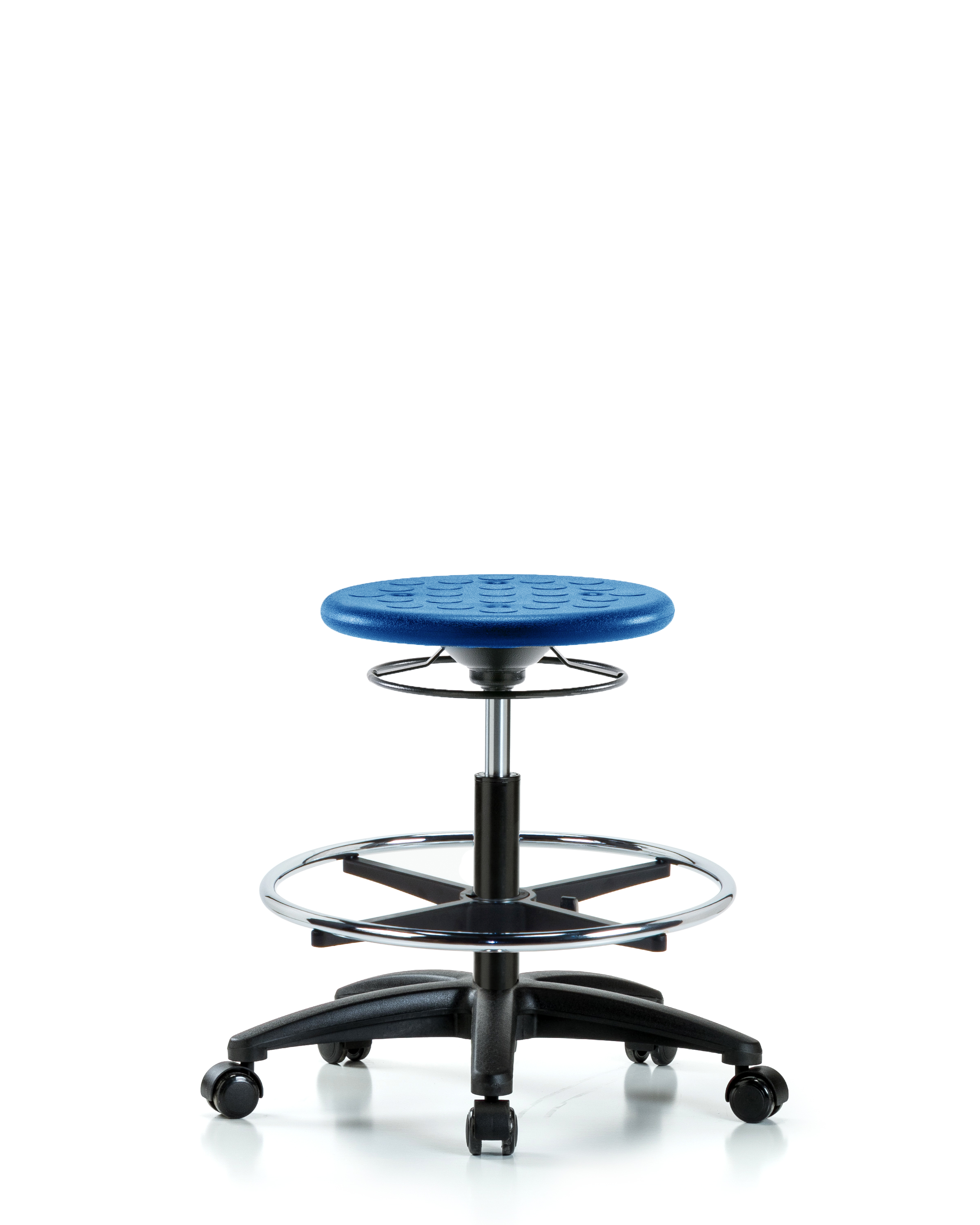 Huron Polyurethane Stool - Medium Bench Height with Chrome Foot Ring & Casters in Blue Polyurethane