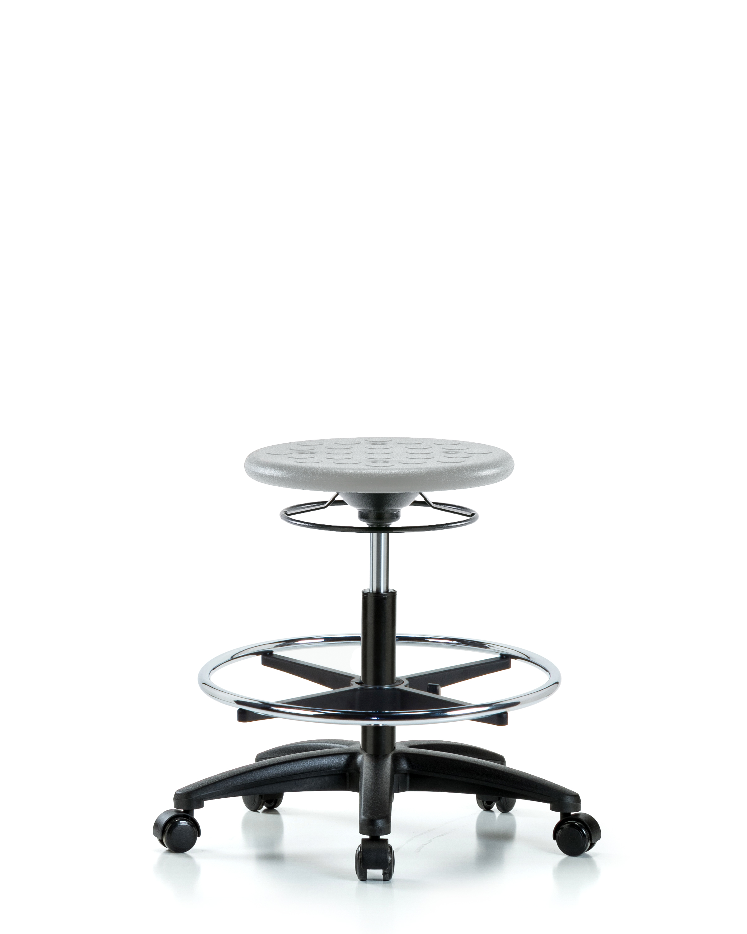Huron Polyurethane Stool - Medium Bench Height with Chrome Foot Ring & Casters in Gray Polyurethane