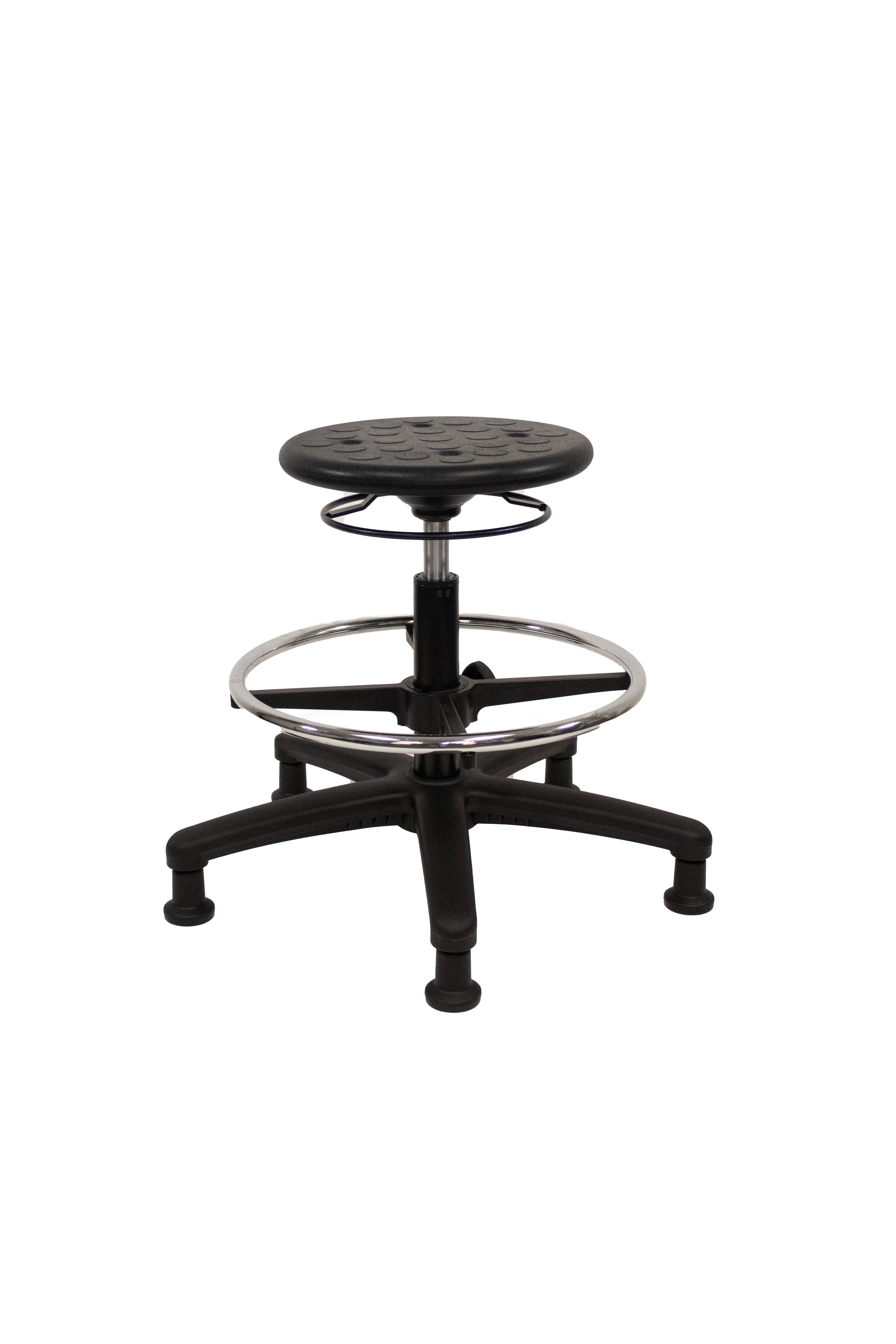 Huron Polyurethane Stool - Medium Bench Height with Chrome Foot Ring and Stationary Glides in Black Polyurethane