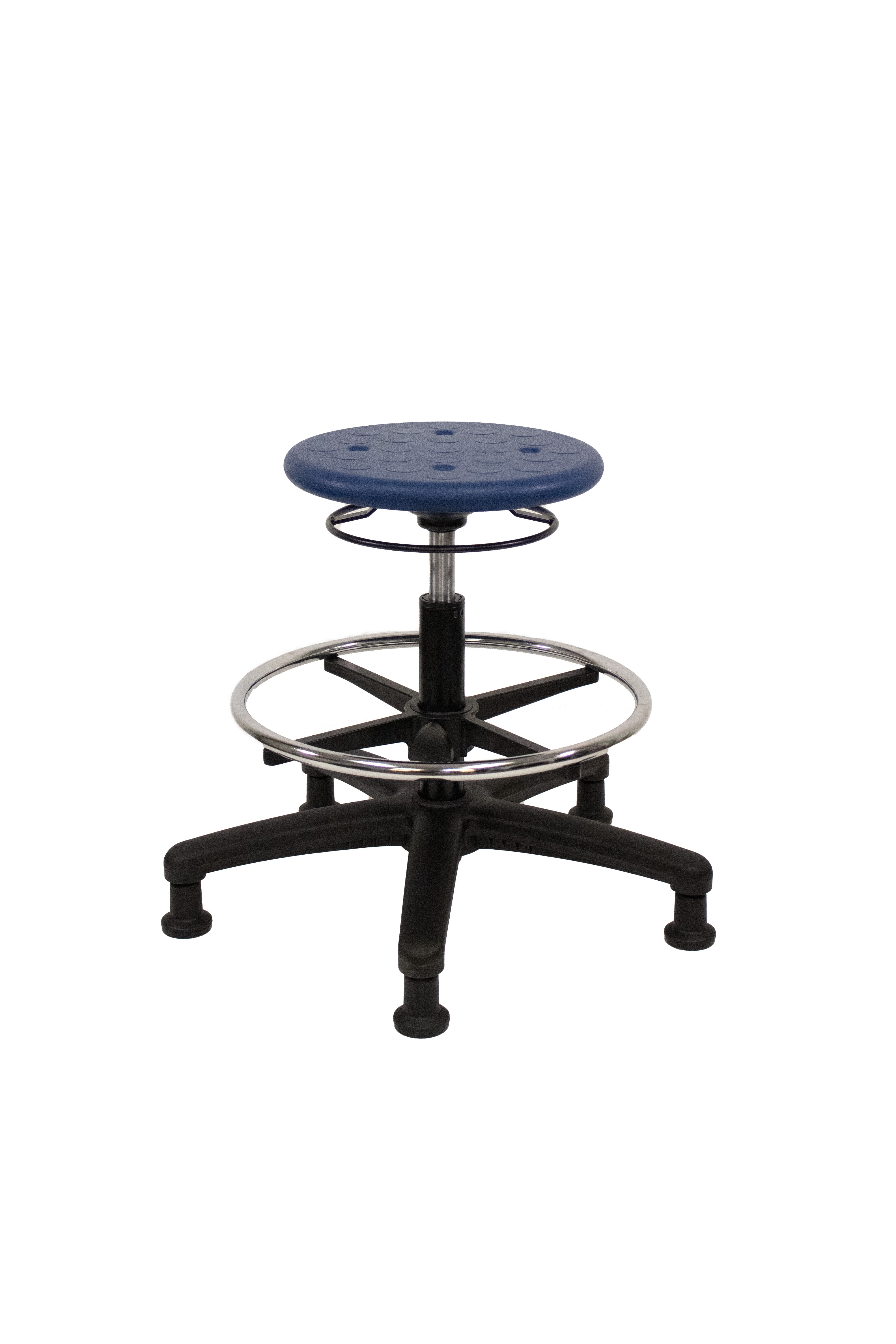 Huron Polyurethane Stool - Medium Bench Height with Chrome Foot Ring & Stationary Glides in Blue Polyurethane