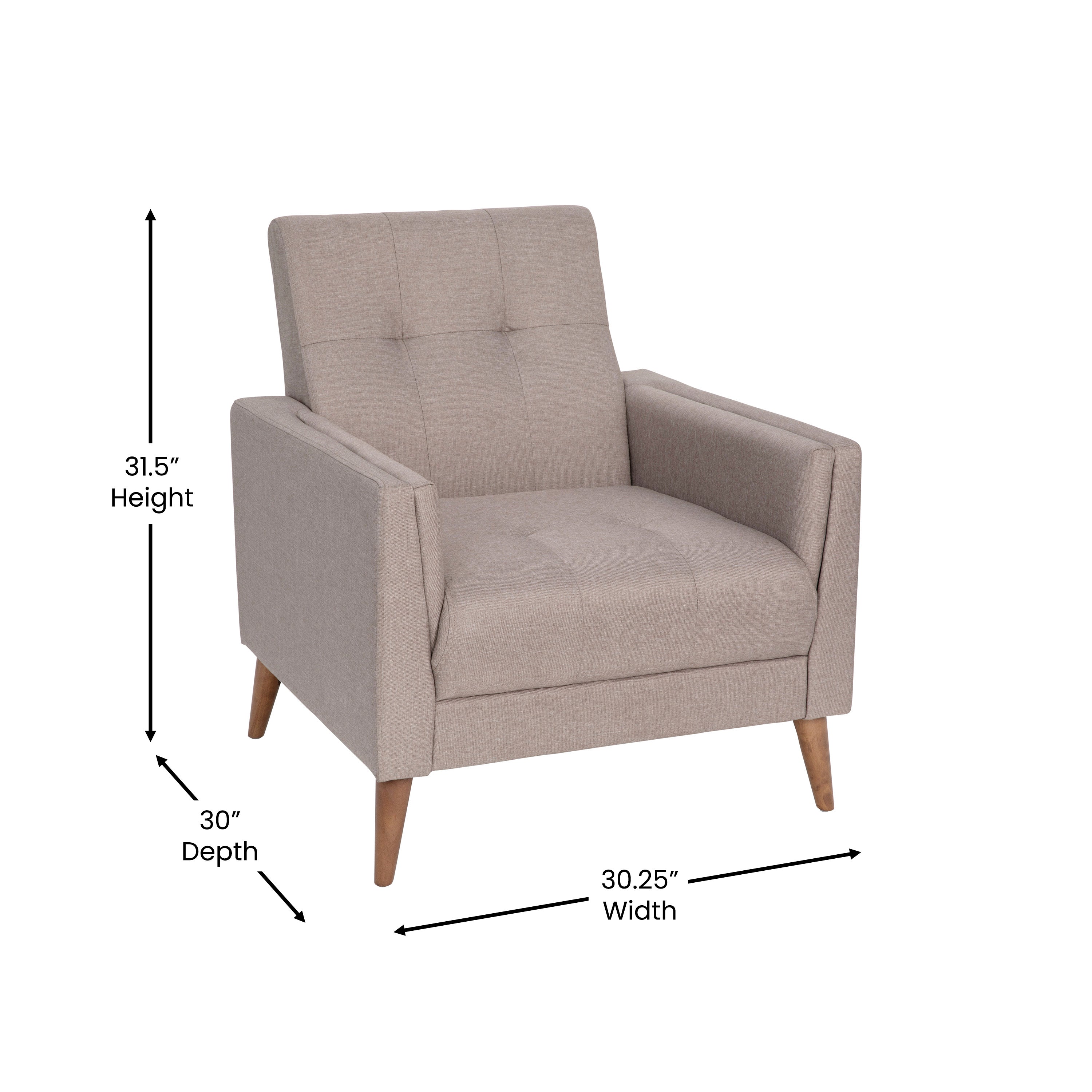Conrad Mid-Century Modern Commercial Grade Armchair with Tufted Faux Linen Upholstery & Solid Wood Legs in Taupe