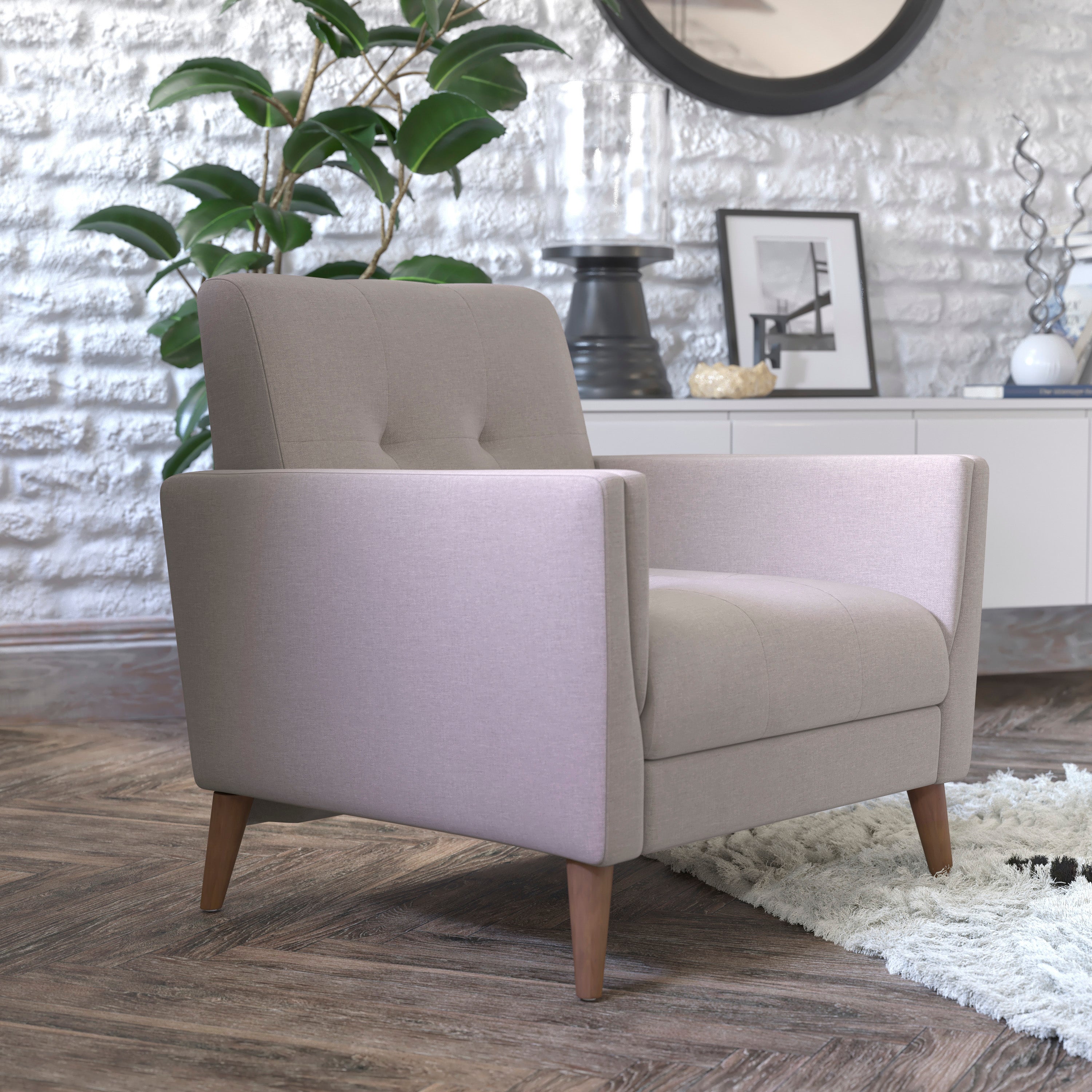 Conrad Mid-Century Modern Commercial Grade Armchair with Tufted Faux Linen Upholstery & Solid Wood Legs in Taupe