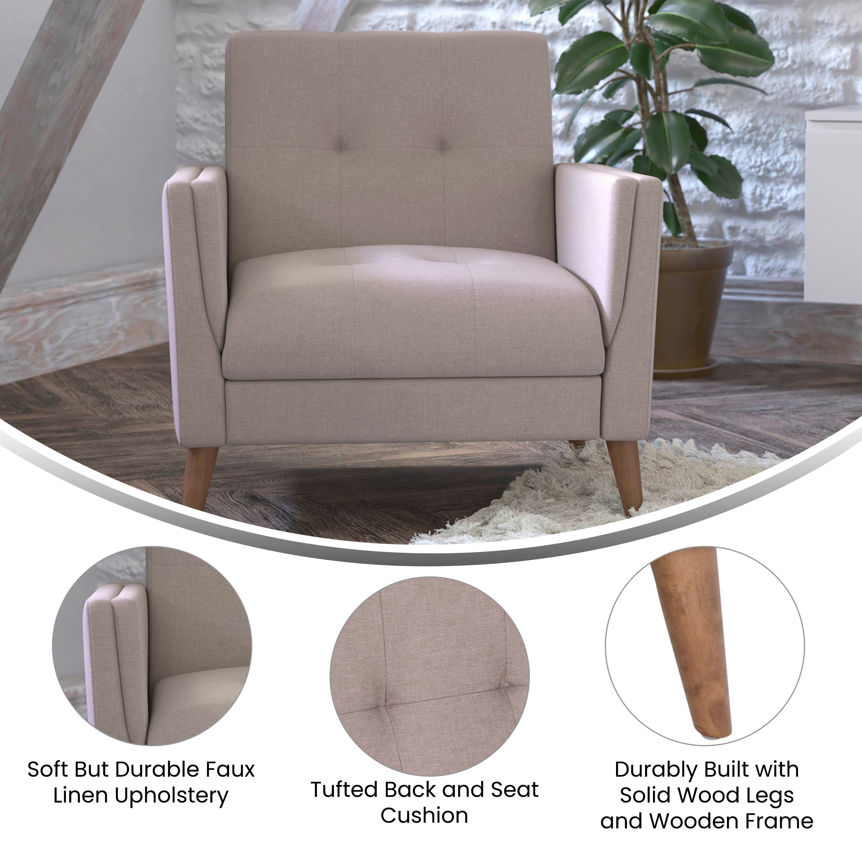 Conrad Mid-Century Modern Commercial Grade Armchair with Tufted Faux Linen Upholstery & Solid Wood Legs in Taupe