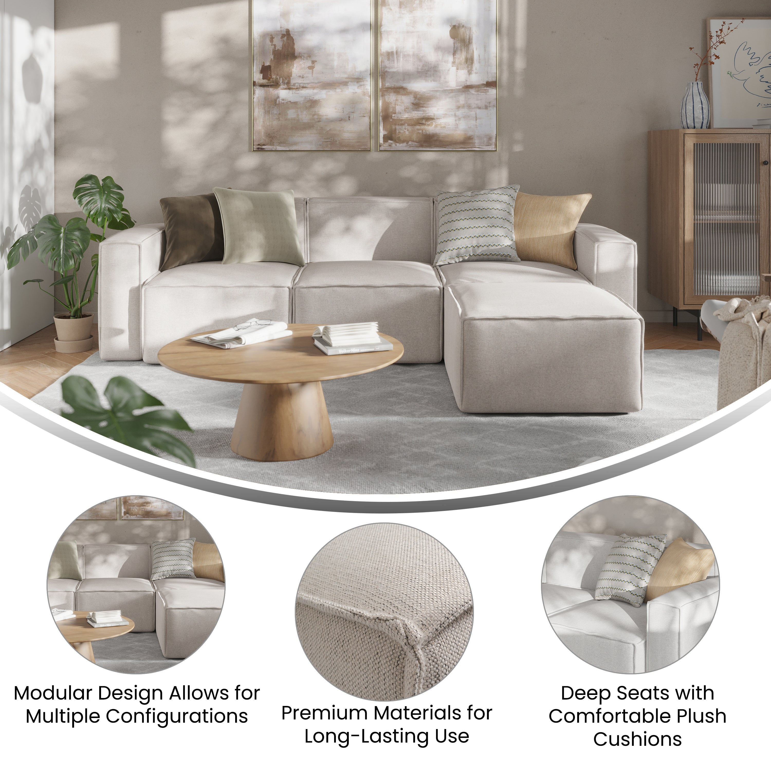 Bridgetown Luxury Modular 4 Piece Sectional Sofa, Cream