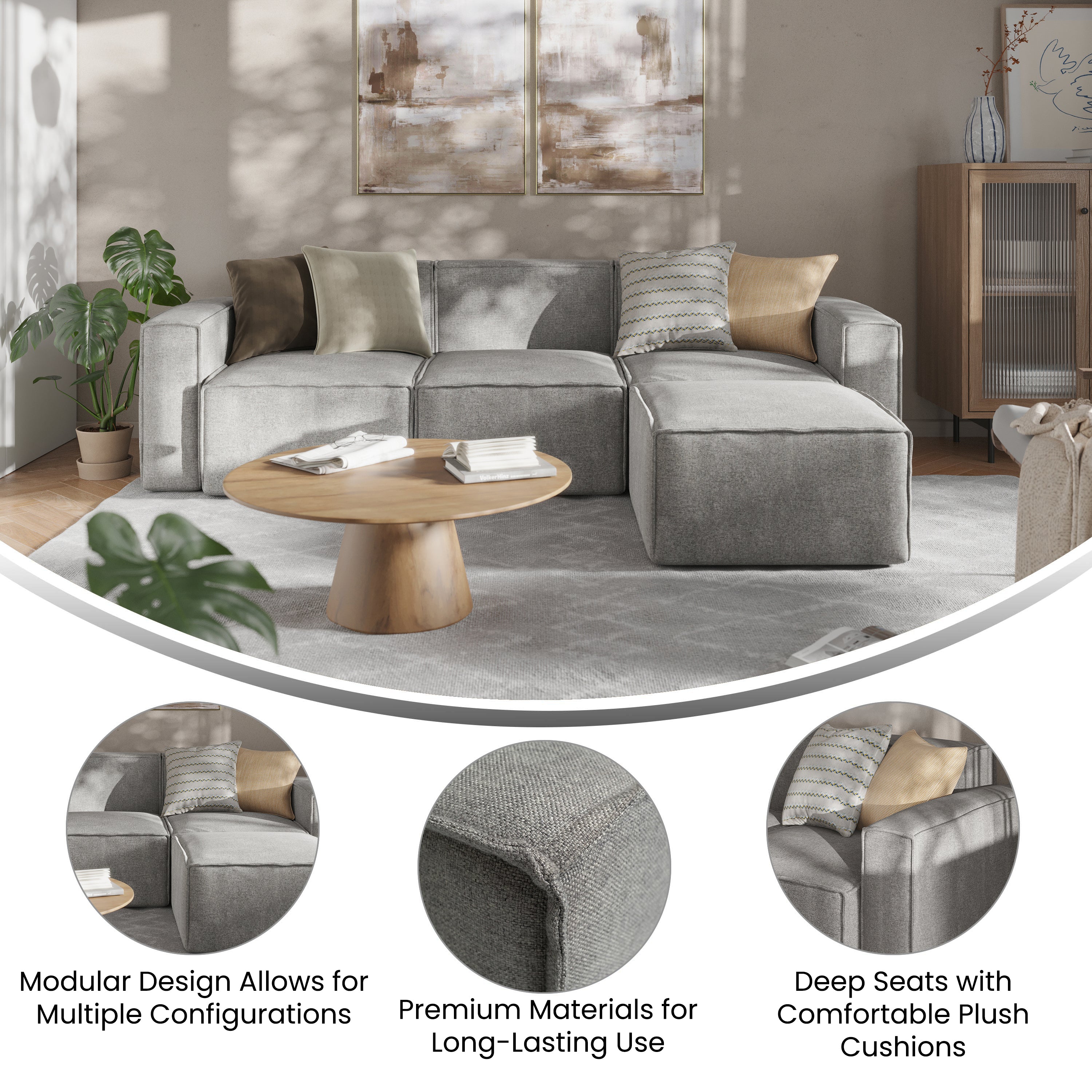 Bridgetown Luxury Modular 4 Piece Sectional Sofa, Gray